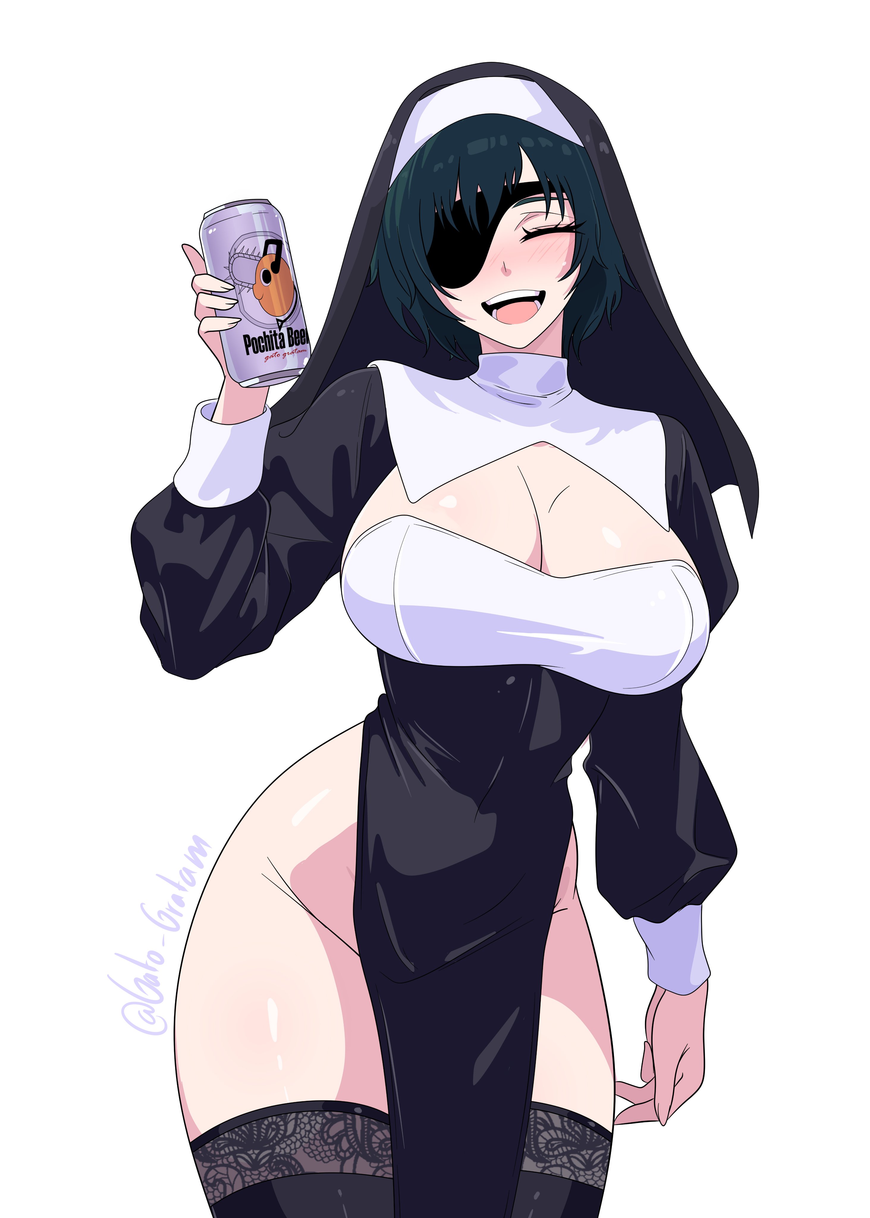 1girls, beer, blush, breasts, chainsaw man, closed eyes, eyepatch, female, gato gratam, himeno (chainsaw man), hourglass figure, huge breasts, human, human female, large breasts, light-skinned female, no panties, nun, open mouth, pelvic curtain, pochita (chainsaw man), senor gato, slim waist, thick thighs, thighhighs, wide hips