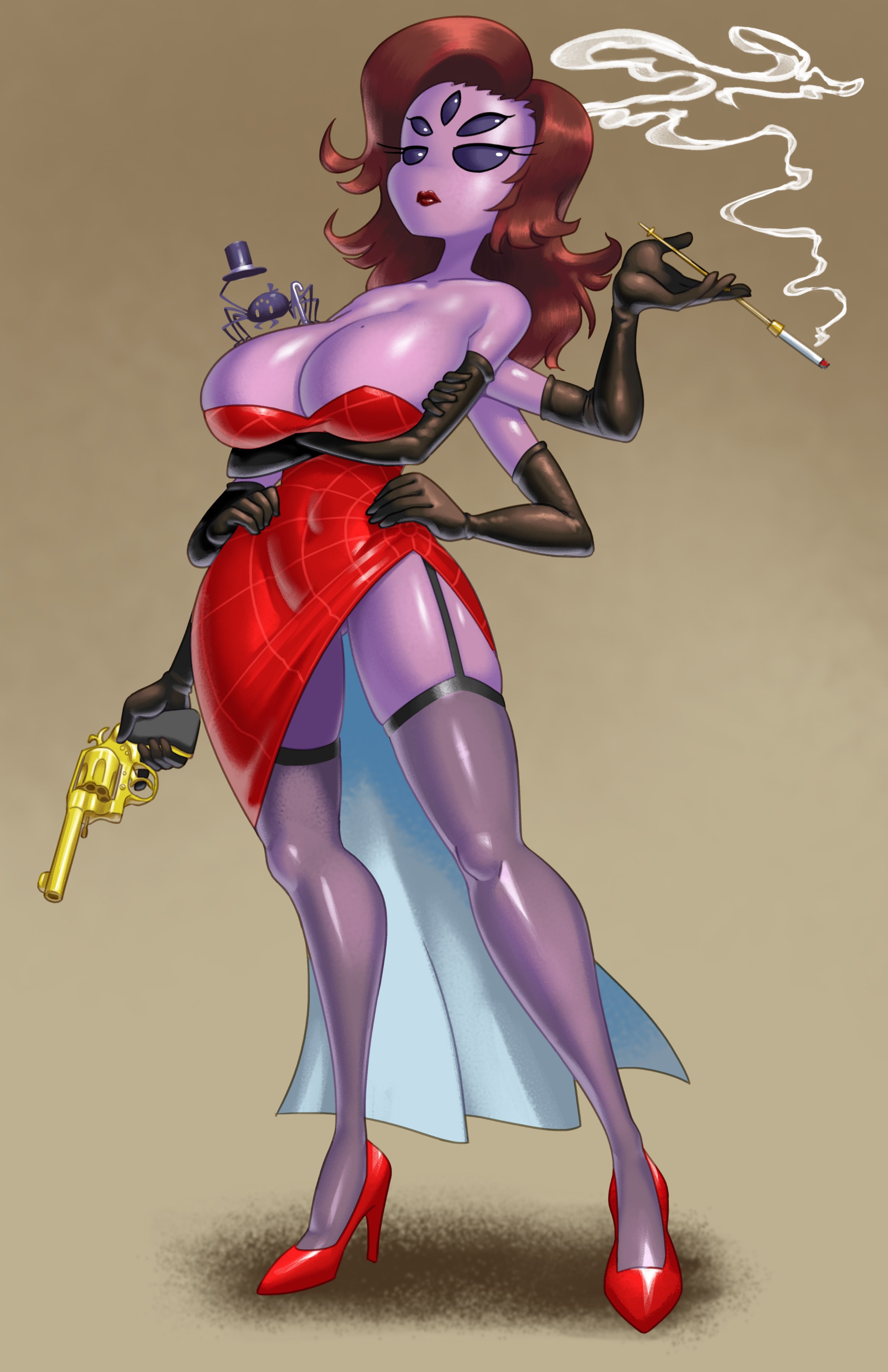 1girls, 2d, 2d (artwork), 5 eyes, 5 fingers, 6 arms, absurd res, alternate costume, alternate hairstyle, anthro, anthro only, arachnid, arachnid humanoid, arms crossed, arms crossed under breasts, arms under breasts, armwear, arthropod, arthropod humanoid, ass, ass visible through thighs, athletic, athletic anthro, athletic female, bare shoulders, bedroom eyes, big ass, big breasts, big butt, big thighs, black armwear, black elbow gloves, black gloves, black handwear, breasts, brown hair, brown-haired female, bubble ass, bubble butt, busty, cigarette, cigarette holder, clothes, clothing, crossed arms, curvaceous, curvy, curvy body, curvy female, curvy figure, digital drawing (artwork), digital media (artwork), dress, elbow gloves, exposed, exposed shoulders, female, female only, fit, fit female, footwear, full body, furry, furry breasts, furry female, furry only, garter straps, glistening, glistening body, glistening breasts, glistening clothing, glistening eyes, glistening hair, glistening skin, gloves, goes hard, gun, half-closed eyes, hand on hip, handwear, hanging breasts, heels, high heels, hips, holding gun, holding object, hourglass figure, huge ass, huge breasts, huge butt, humanoid, legwear, lips, lipstick, long hair, mature, mature anthro, mature female, milf, milffet, minus8, mole, mole on breast, mostly clothed, muffet, multi arm, multi eye, multi limb, narrowed eyes, navel, navel visible through clothes, no bra, no humans, no panties, no underwear, pose, posing, purple body, purple skin, red clothing, red dress, red footwear, red heels, red high heels, red lips, red lipstick, red shoes, revealing clothes, revealing dress, revolver, seductive, seductive eyes, seductive look, seductive pose, sexy, sexy pose, shiny body, shiny breasts, shiny clothes, shiny hair, shiny skin, shiny thighs, shoes, short dress, simple background, skimpy, skimpy clothes, skimpy dress, skin tight, skindentation, slim waist, smoke, smoking, smoking cigarette, smooth skin, solo, solo female, spider, spider girl, spider humanoid, standing, tag panic, thick thighs, thighhighs, thighs, thin waist, tight clothing, tight dress, tight fit, toby fox, topless, topless anthro, topless female, undertale, undertale (series), voluptuous, voluptuous female, wide hips