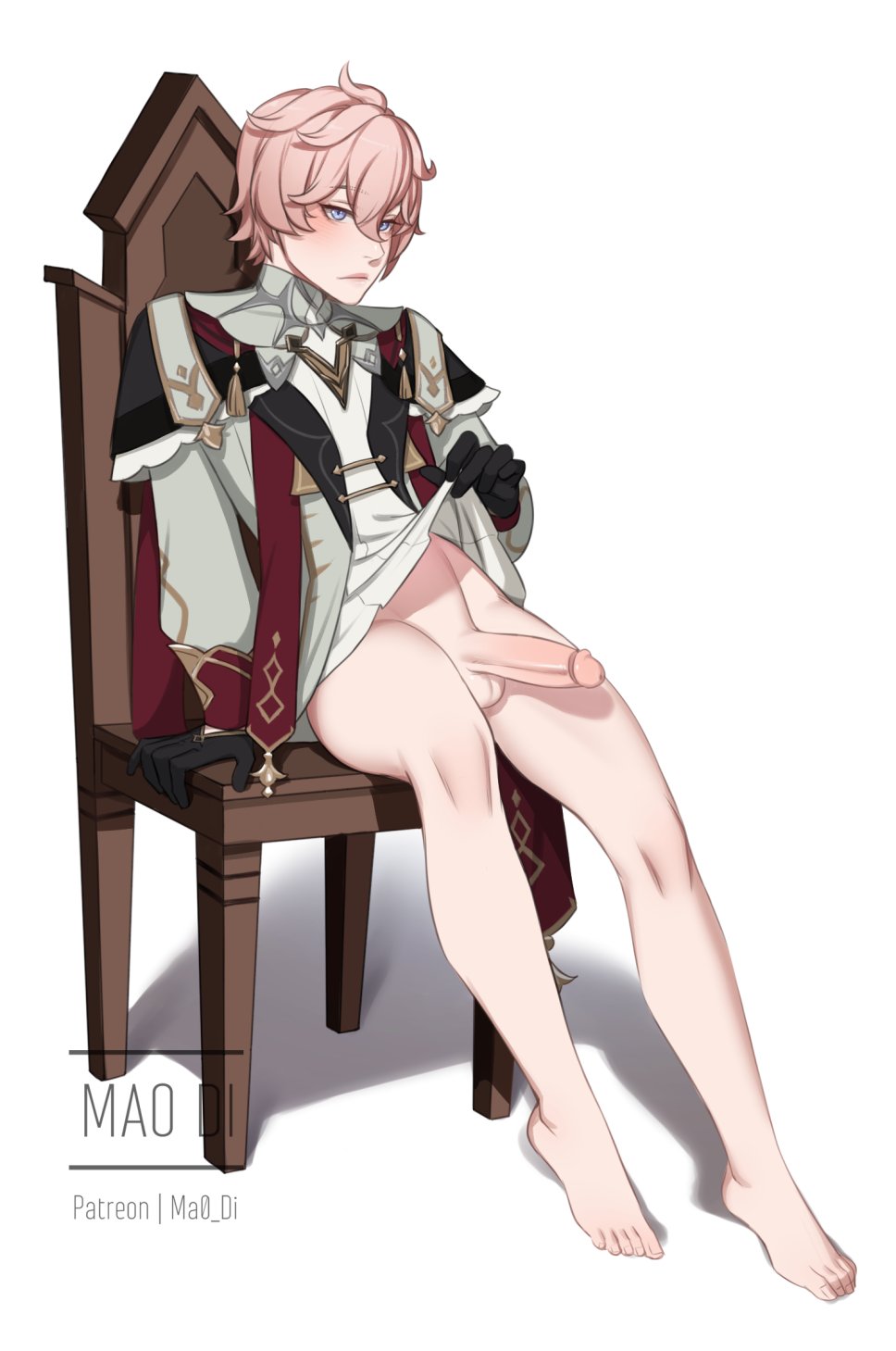 blush, bored expression, boy, chair, clothed, dahlia (genshin impact), femboy, gay, gay domination, genshin impact, hoyoverse, legs, lifting shirt, male, male only, mao di, mihoyo, penis, pink hair, purple eyes, shirt lift, sitting on chair, thighs, twink, white background, yaoi