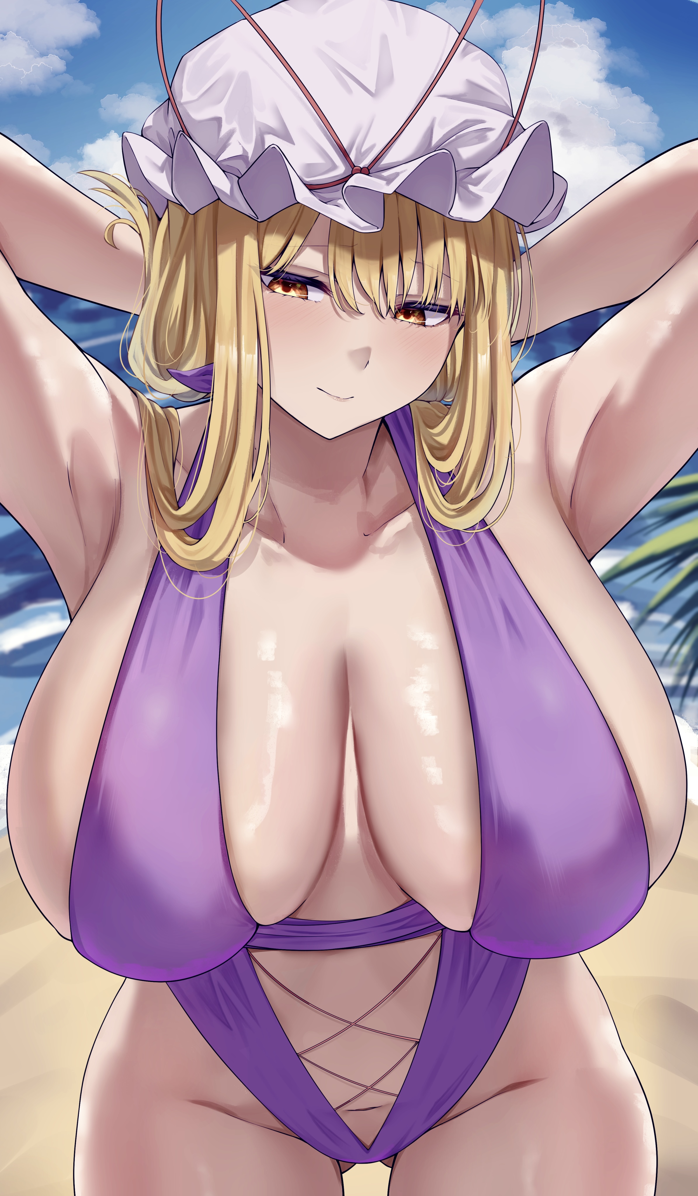 1girls, absurdres, arms behind head, arms up, ass visible through thighs, beach, blonde hair, blue sky, breasts, cloud, commentary request, cowboy shot, female, hat, hat ribbon, highleg, highleg one-piece swimsuit, highres, huge breasts, long hair, looking at viewer, mirufui, mob cap, navel, one-piece swimsuit, outdoors, paid reward available, ribbon, sand, skindentation, sky, smile, solo, swimsuit, thigh gap, touhou, water, white hat, yakumo yukari, yukari yakumo