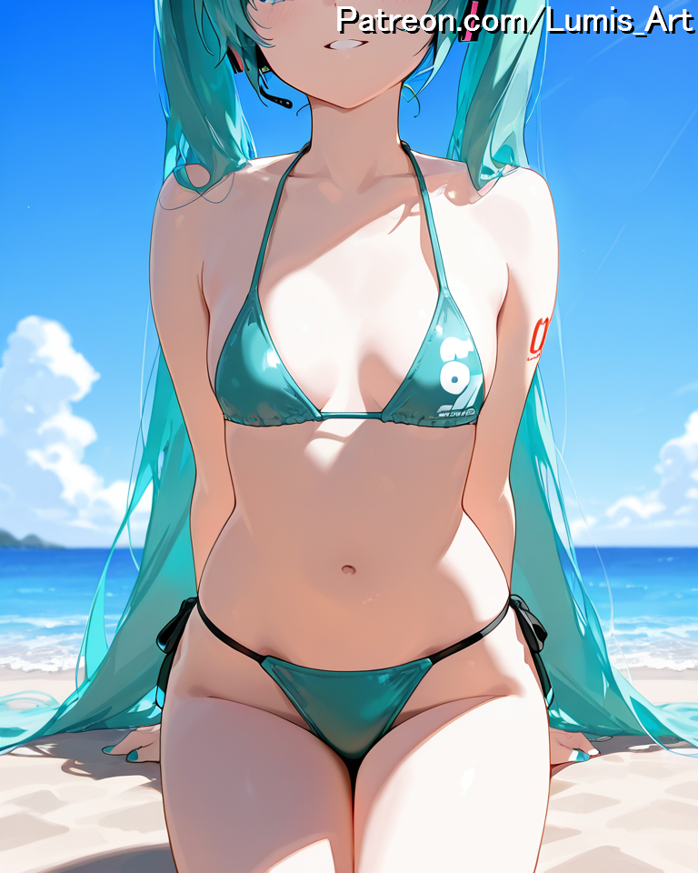 2025 ai_assisted ai_generated aqua_bikini aqua_hair aqua_nails arm_support arm_tattoo artist_name beach bikini blue_nails blue_sky body_writing breasts cloud cloudy_sky day female green_bikini green_nails hatsune_miku high_quality high_res high_resolution highres horizon leg_tattoo long_hair lumis_art mountainous_horizon nail_polish navel number_tattoo ocean outdoors patreon red_nails sand shore shoulder_tattoo side-tie_bikini sitting sky small_breasts smile solo stable_diffusion swimsuit tattoo twintails very_long_hair vocaloid water watermark