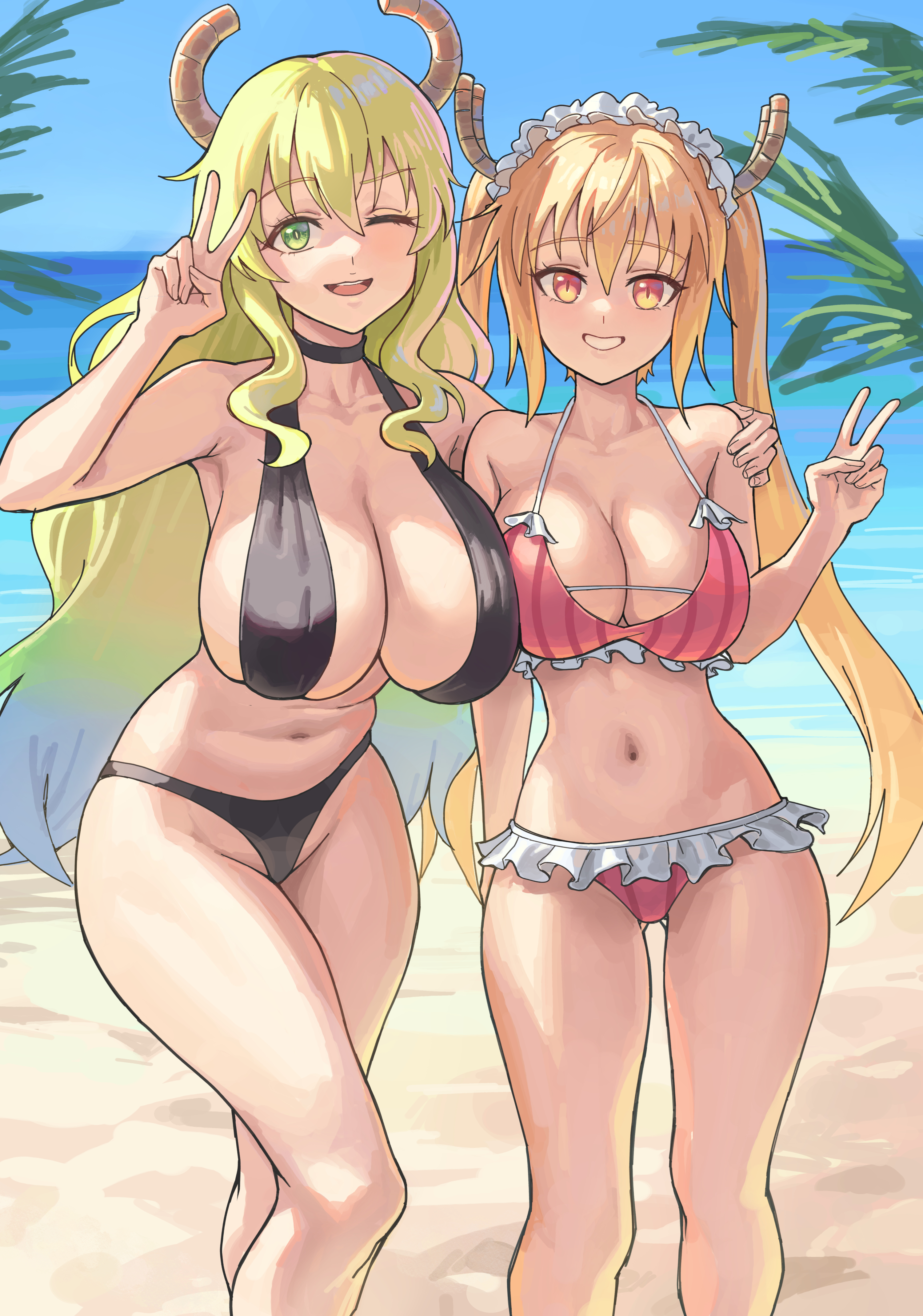 ;d, 2girls, absurdres, beach, bikini, black bikini, black choker, blonde hair, blue sky, breasts, choker, collarbone, curvy, day, dragon girl, dragon horns, fat breasts, female, flat belly, frilled bikini, frills, green eyes, grin, highres, horns, huge breasts, kobayashi-san chi no maidragon, ksksksa, large breasts, long hair, lucoa (maidragon), maid headdress, multiple females, multiple girls, navel, one eye closed, outdoors, pink bikini, quetzalcoatl (dragon maid), sky, slit pupils, smile, stomach, swimsuit, thighs, tohru (dragon maid), tohru (maidragon), twintails, v, very long hair, yellow eyes