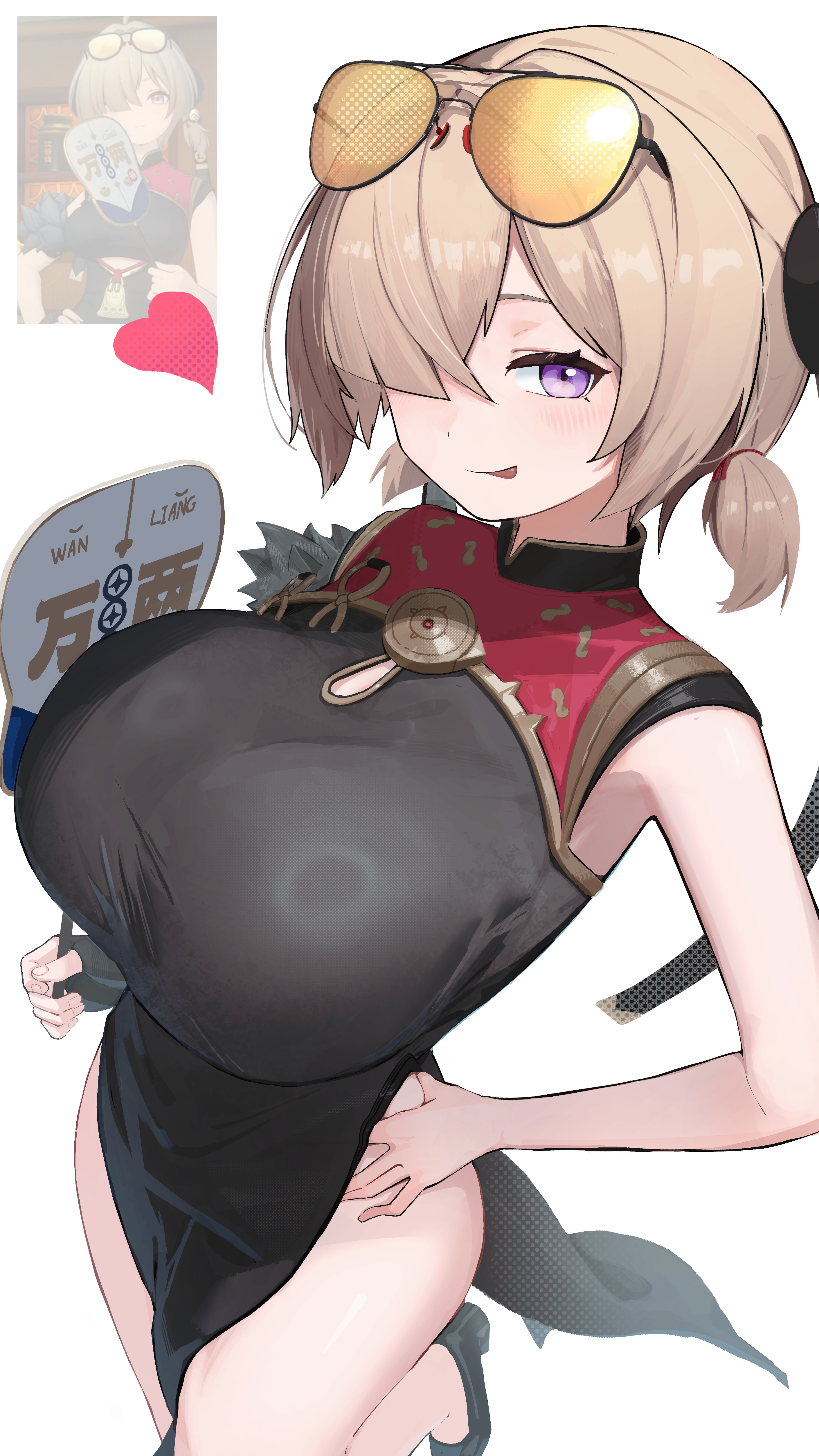absurdres, bare hips, blonde hair, blush, breasts, china dress, chinese clothes, cthlo, dress, eyewear on head, female, glasses, hand fan, hand on own hip, highres, large breasts, licking lips, looking at viewer, purple eyes, short twintails, simple background, sweety (zenless zone zero), tongue, tongue out, twintails, white background, zenless zone zero
