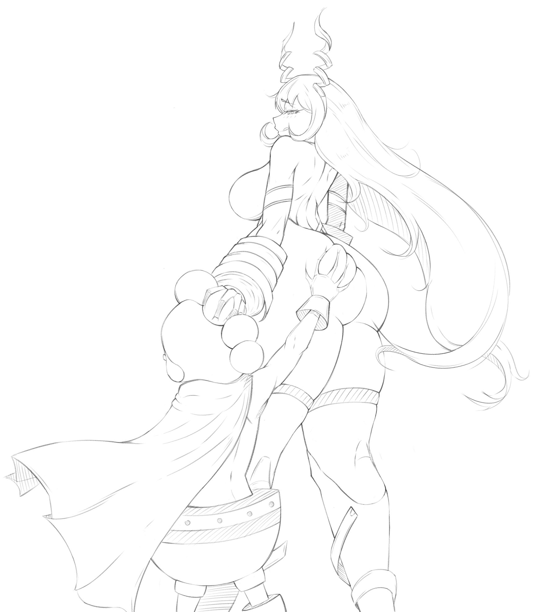 1boy, 1girls, ass, ass grab, big ass, big breasts, bodysuit, breasts, cape, female, grabbing from behind, hair horns, hero outfit (mha), heroine, long hair, male, minoru mineta, my hero academia, nejire hado, serayart, sketch, thick thighs