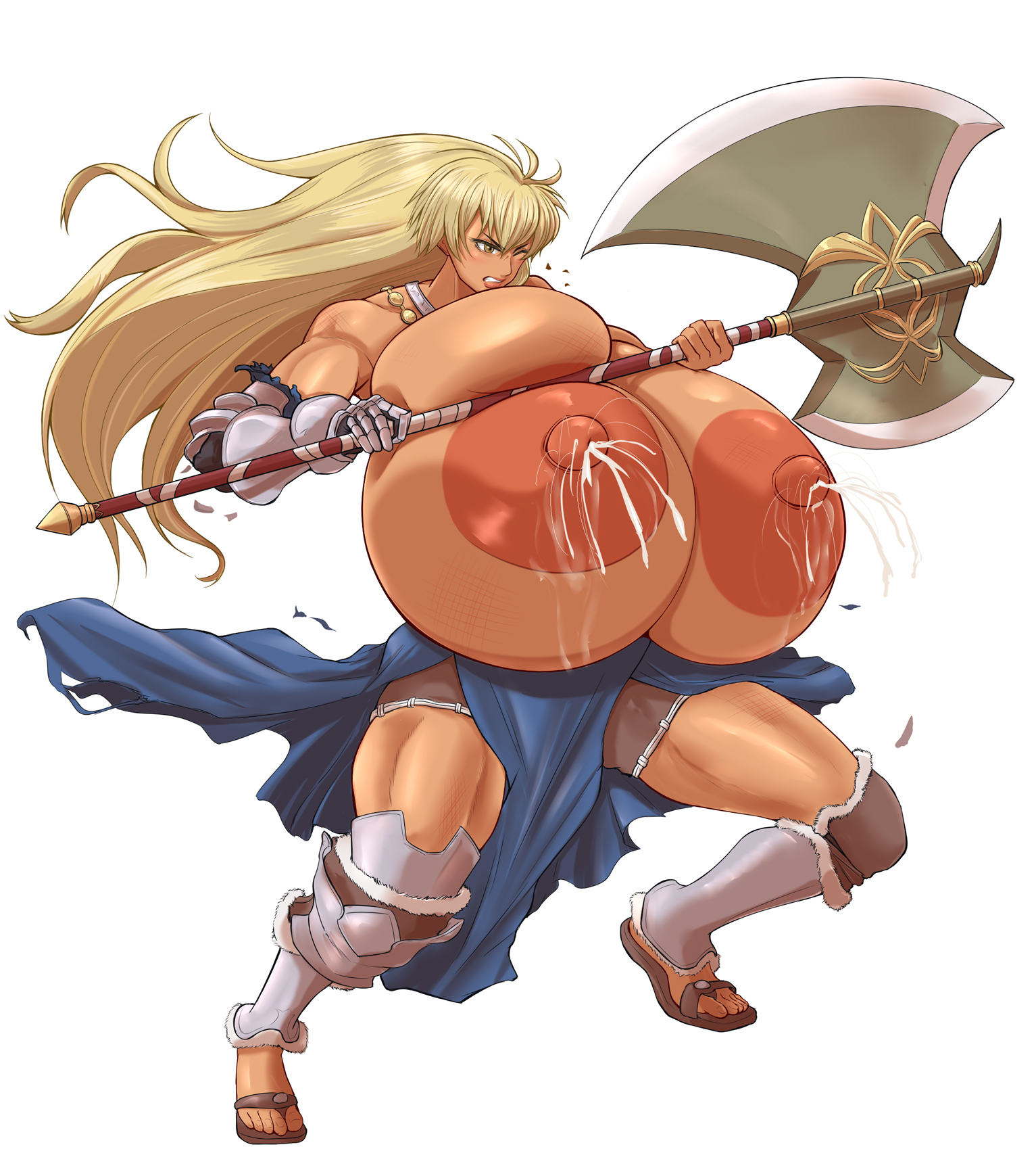 1girls, angry, aokuro, axe, bare thighs, blonde hair, breasts, clenched teeth, dark skin, dark-skinned female, female, female only, fire emblem, fire emblem: the binding blade, gigantic breasts, hawkeye (fire emblem) (cosplay), hyper breasts, igrene (fire emblem), lactation, lactophilia, long hair, milk, muscular, muscular female, nintendo, nipples, one eye closed, one glove, pelvic curtain, solo, thick thighs, thighs, voluptuous, weapon, white background, yellow eyes