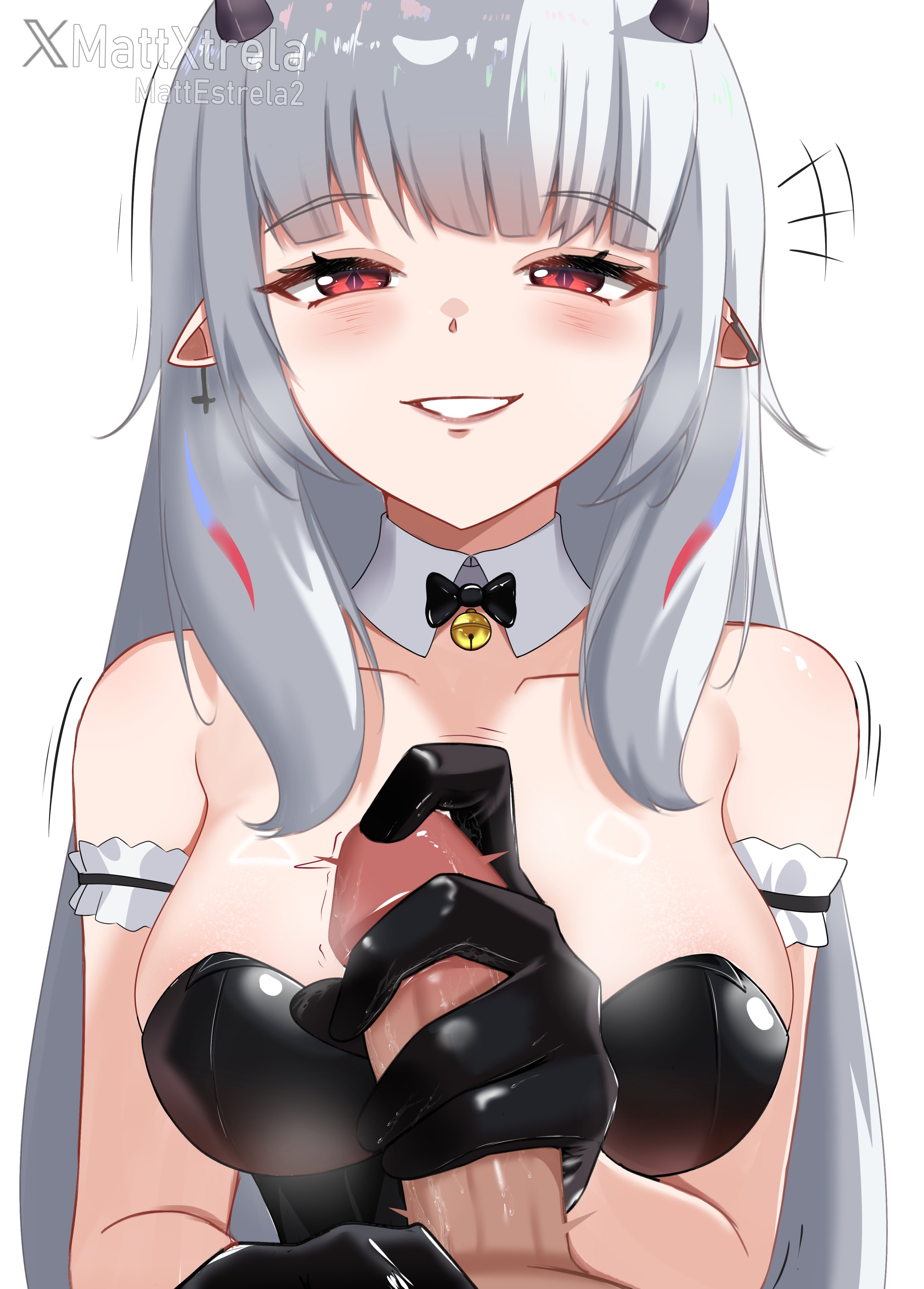 1girls, bell, breasts, bunnysuit, cleavage, cock, collar, demon girl, female, gloved handjob, gloves, handjob, handjob with gloves, horns, horny, indie virtual youtuber, looking at viewer, lucy pyre, male, mattestrela, penis, penis grab, pointy ears, smile, stroking penis, virtual youtuber, vtuber, white hair