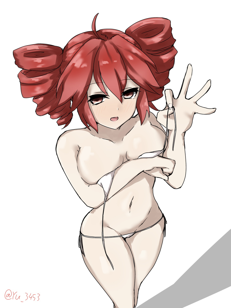 1girls, 2d, 2d (artwork), ahoge, alternate eye color, big breasts, bikini, bikini top removed, blush, breasts, cameltoe, covering breasts, curvy, curvy female, curvy figure, female, female only, high-angle view, kasane teto, large breasts, micro bikini, navel, open mouth, pussy, red hair, shiny skin, side-tie bikini, teasing, thick thighs, thighs, twin drills, undressing, utau, white background, wide hips, yu3443