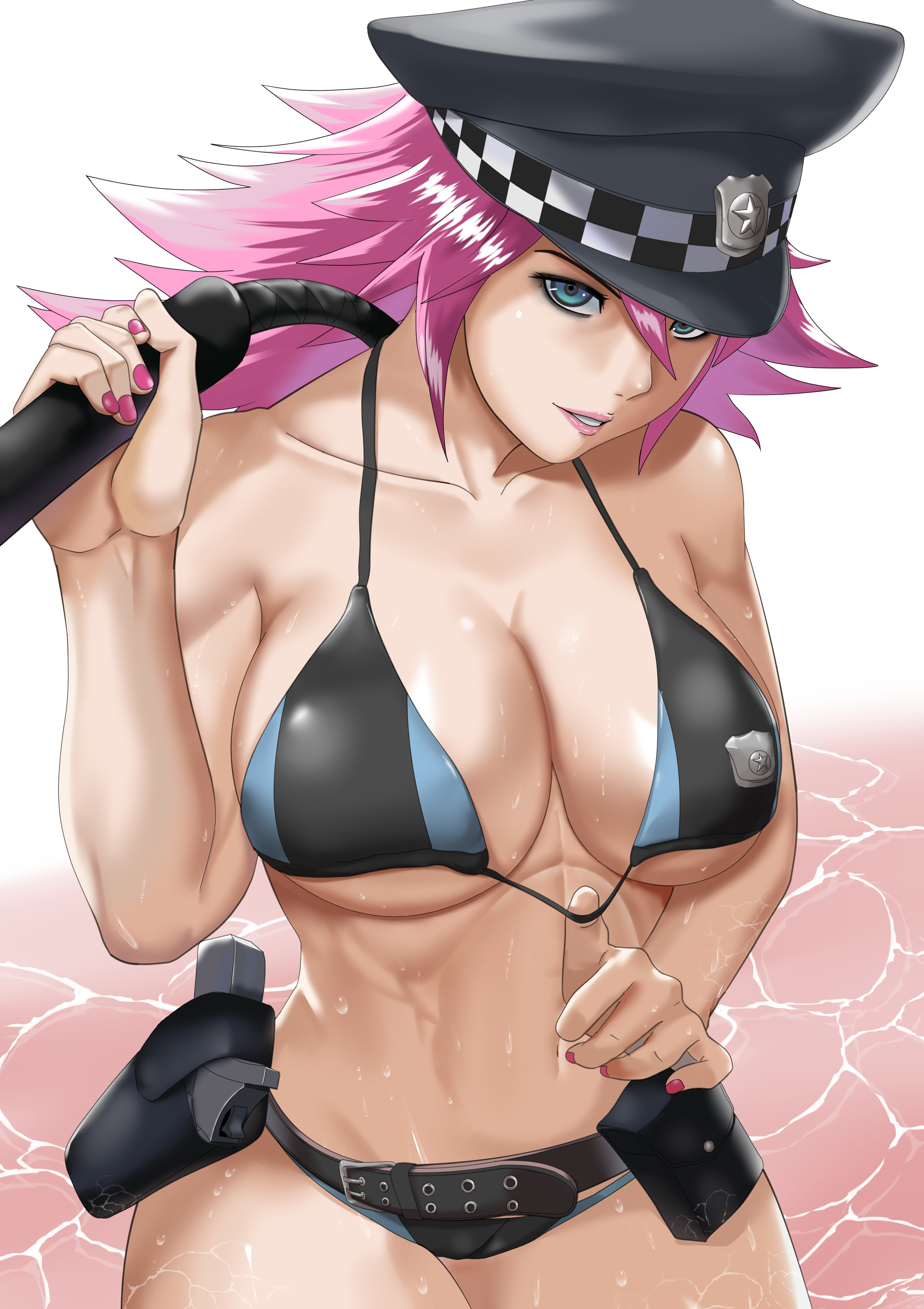 1girls, belt, bikini, bikini tug, blue eyes, breasts, cleavage, clothed, collarbone, cowboy shot, female, female only, final fight, flipped hair, gun, handgun, hat, holding weapon, holster, holstered weapon, large breasts, lipstick, long hair, looking at viewer, makeup, melee weapon, nail polish, parted lips, pink hair, pink lipstick, pink nails, poison (final fight), police badge, police hat, policewoman, skimpy, solo, street fighter, thick thighs, toned, toned female, underboob, weapon, wet, wet body, wet breasts, wet thighs, whip, yagi (joe731842)