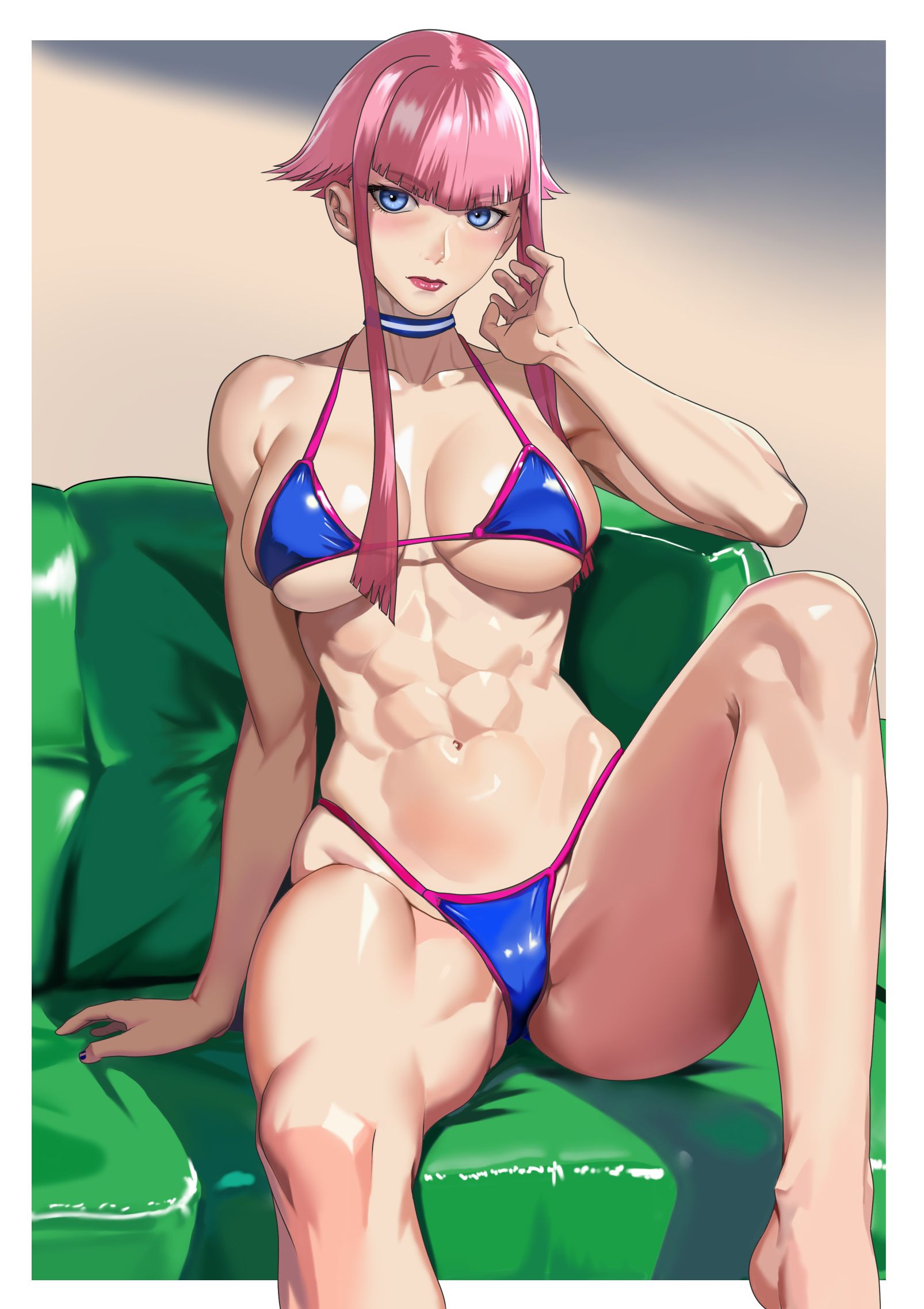 abs, barefoot, bikini, blue bikini, blue eyes, blush, breasts, capcom, choker, couch, female, foot out of frame, highres, knee up, large breasts, legs, looking at viewer, looking to the side, manon legrand, micro bikini, muscular, muscular female, navel, on couch, pink hair, short hair with long locks, sidelocks, sitting, solo, street fighter, street fighter 6, swimsuit, toned, underboob, yagi (joe731842)
