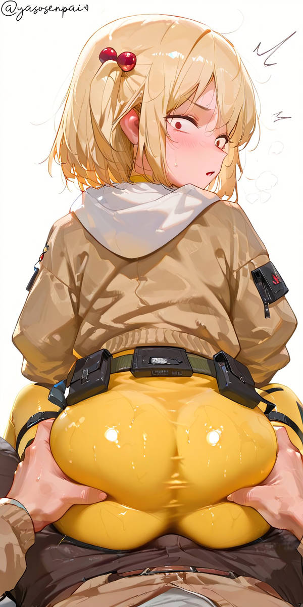 ai_generated ass ass_grab big_ass blonde_female blonde_hair blush bulge_through_clothing bulge_under_clothes butt butt_crack butt_grab butt_jiggle female female_focus frustrated goddess_of_victory:_nikke grabbing grabbing_ass grabbing_from_behind latex latex_suit latex_thighhighs liter_(nikke) looking_back looking_down nervous petite petite_body petite_female petite_girl plump plump_ass plump_butt plump_thighs shiny shiny_clothes shiny_skin short_hair sitting_on_lap sitting_on_penis sitting_on_person small_female squish squishy squishy_butt sweat sweatdrop sweating sweaty white_background yasosenpai