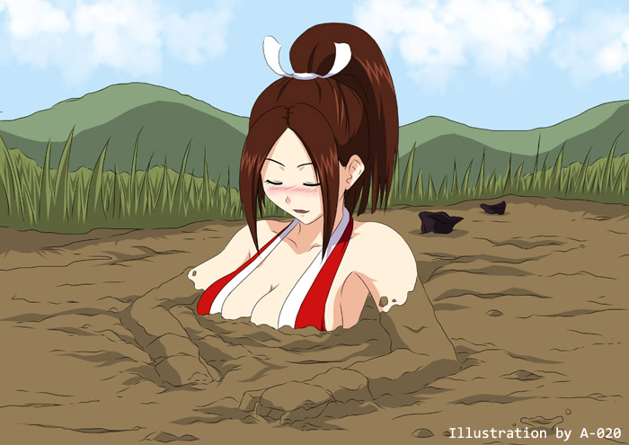 a-020 acceptance big_breasts blush breasts damsel_in_distress fatal_fury female female_only king_of_fighters lost_footwear mai_shiranui mud peril quicksand relaxing secretly_loves_it sinking tagme willing