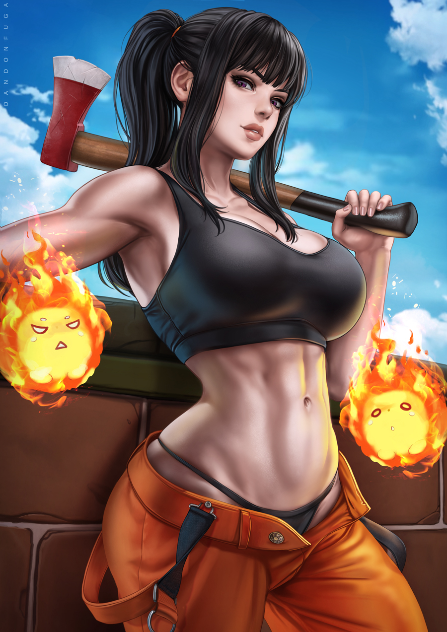 1girls, axe, belly, belly button, big breasts, black hair, black panties, breasts, clothed, curvaceous, curvy, curvy body, curvy female, curvy figure, curvy hips, dandon fuga, enen no shouboutai, female, fire force, large breasts, muscular, muscular female, oze maki, pinup, ponytail, purple eyes, small waist, tagme, wide hips