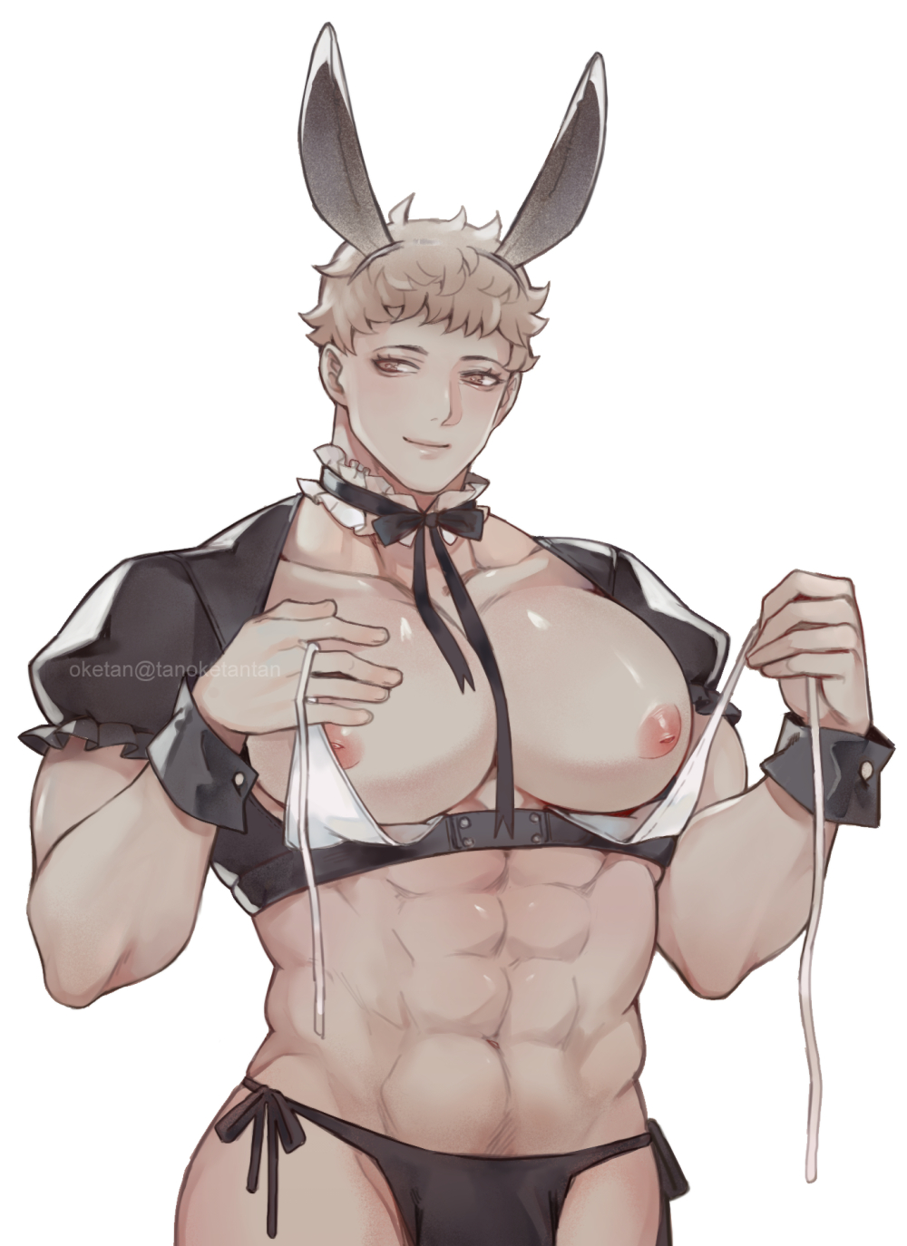 abs, ambush (trap), breasts, bunny ears, fake animal ears, inverted nipples, looking at viewer, male, male focus, male only, muscular, muscular chest, muscular trap, navel, nipples, oketan, original character, pecs, smile, yellow eyes