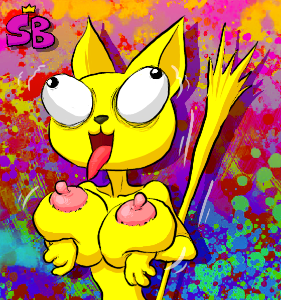 2022 abstract_background anthro big_breasts big_eyes breasts derp_eyes domestic_cat eyes_popping_out felid feline felis female fur mammal shirtbusters solo solo_focus surreal surrealism tongue tongue_out wild_take yellow_body yellow_fur