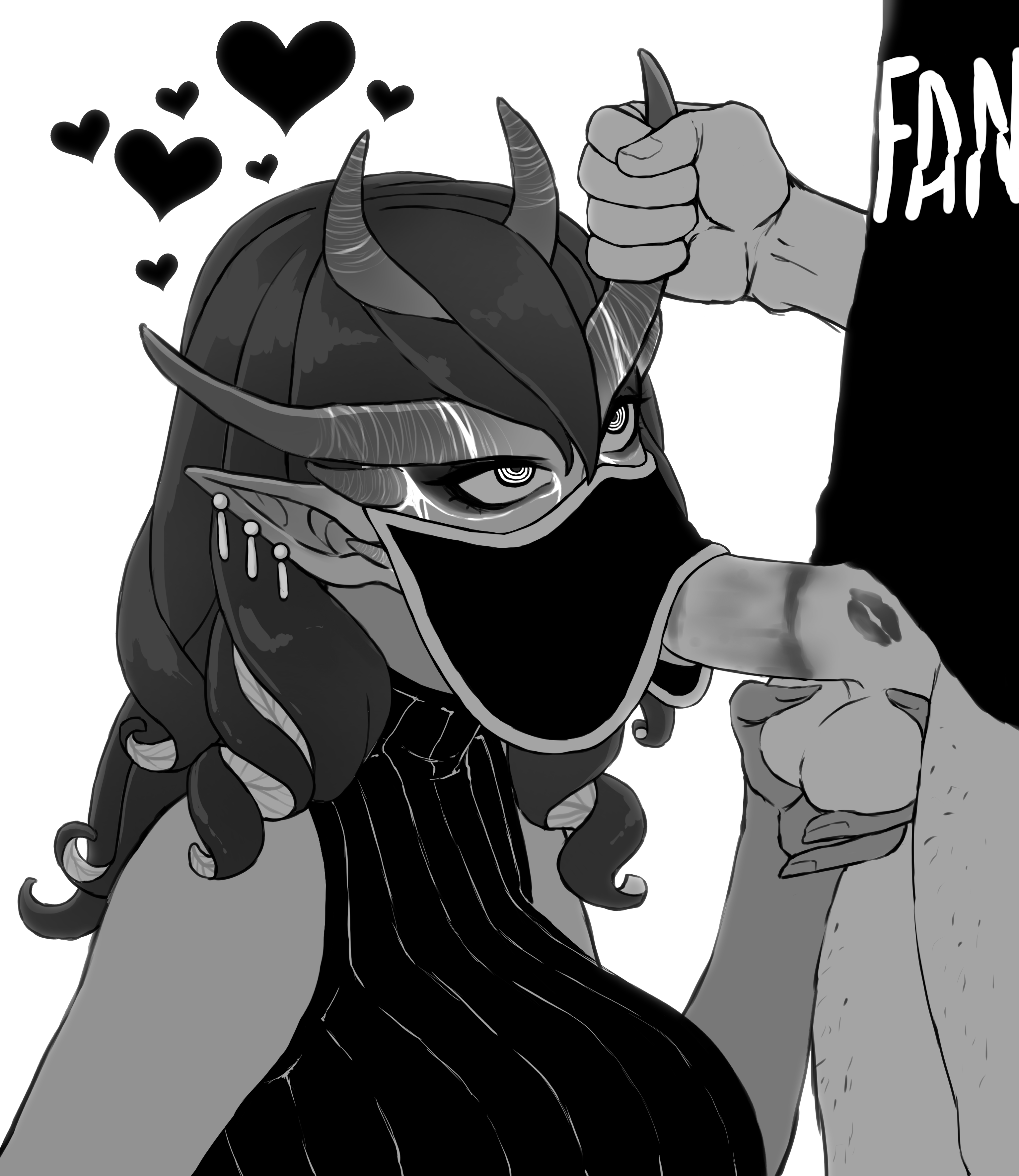 1boy, 1girls, alien, alien girl, athletic, athletic female, balls, big breasts, blowjob, breasts, earrings, fellatio, fellatio under mask, fellatio under veil, female, grabbing balls, heart, horn, horns, human, human penetrating, lady kasidora, lipstick, lipstick mark, lipstick on penis, male, male/female, masked, masked female, monochrome, mouth veil, oral, oral sex, orpice kun, penis, pointy ears, subverse