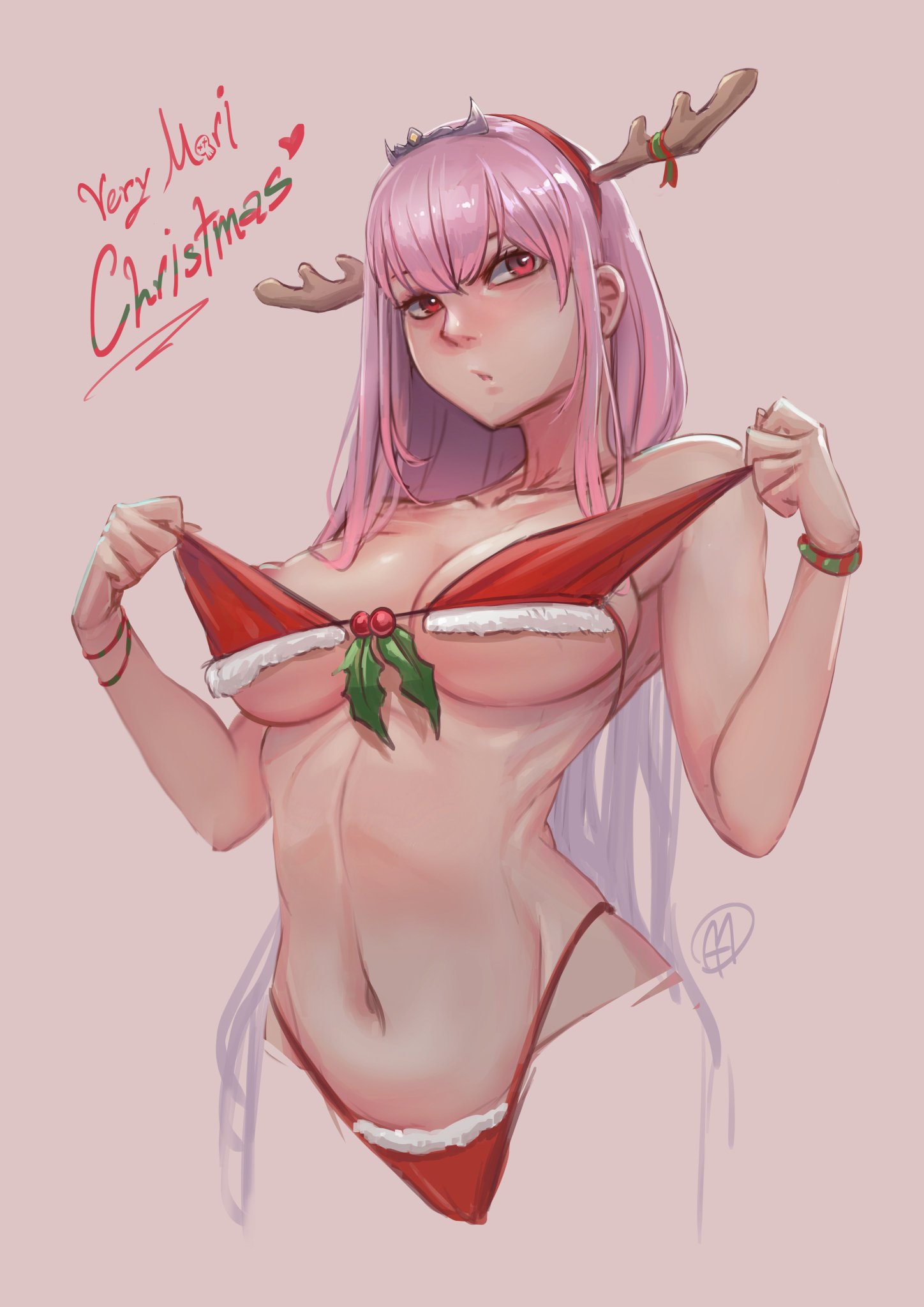 blush, bra, breasts, christmas, christmas clothing, christmas outfit, cute, dress, female, g-string, hololive, hololive english, hololive myth, mori calliope, myth1c, nipple slip, nipples, panties, pink hair, stomach, tagme, virtual youtuber