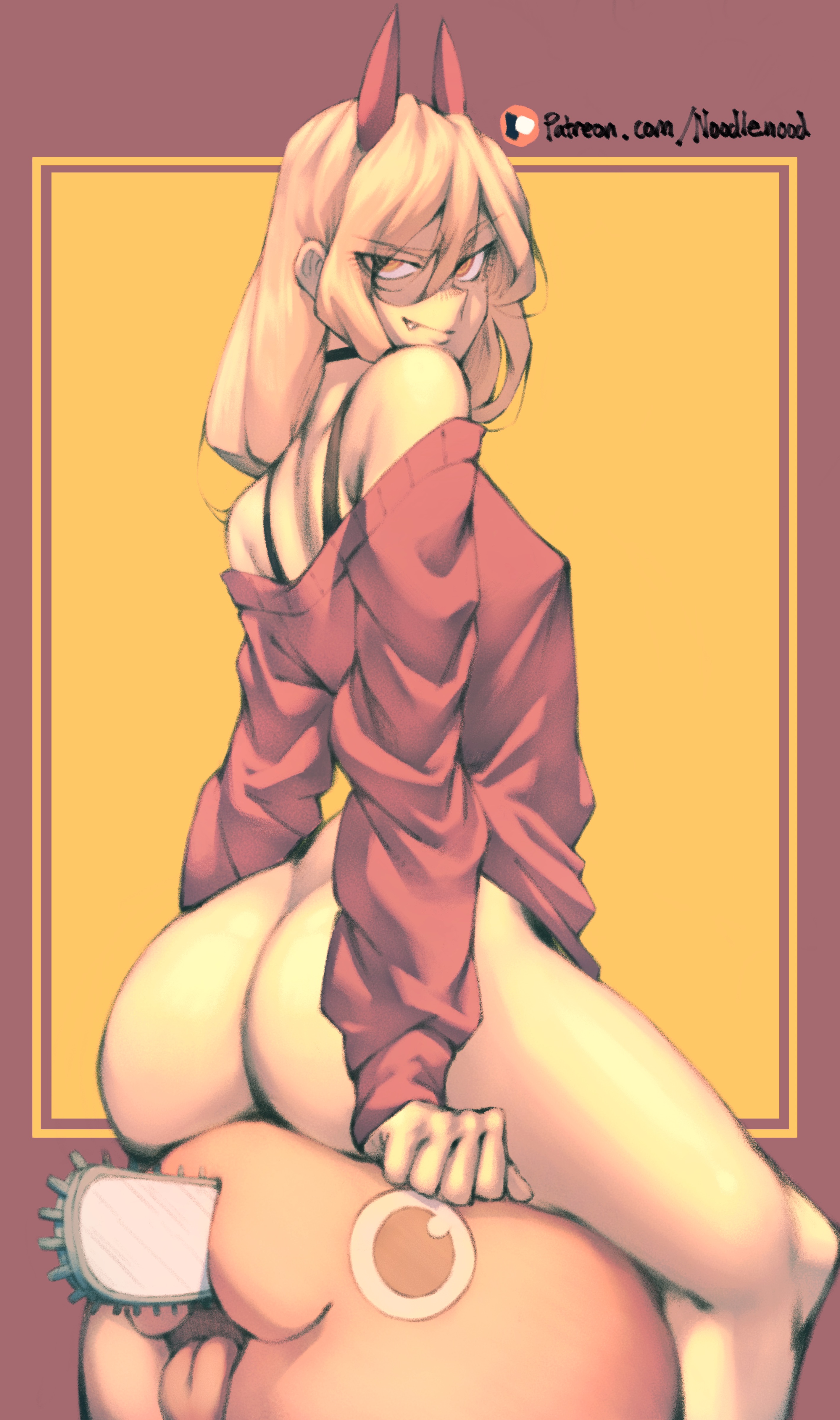 1girls, aroodnoodle, ass, blonde hair, chainsaw man, choker, demon, demon girl, evil grin, evil smile, female, half naked, horns, light skin, light-skinned female, long hair, looking at viewer, looking back, mappa, naughty face, nipple bulge, noodlenood, petite, pochita (chainsaw man), power (chainsaw man), red horns, seductive eyes, seductive look, seductive smile, sharp teeth, slim, smug, sweatshirt, symbol-shaped pupils, yellow eyes