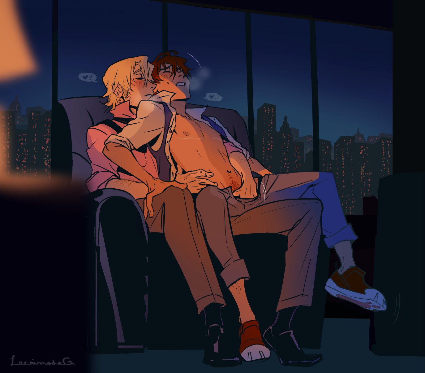 2022, 2boys, blonde hair, blush, brown hair, cuntboy, exclamation point, gay, great pretender, hand in pants, heart, intersex, lacrimode, laurent thierry, makoto edamura, male, male only, male/male, mastectomy scar, question mark, yaoi