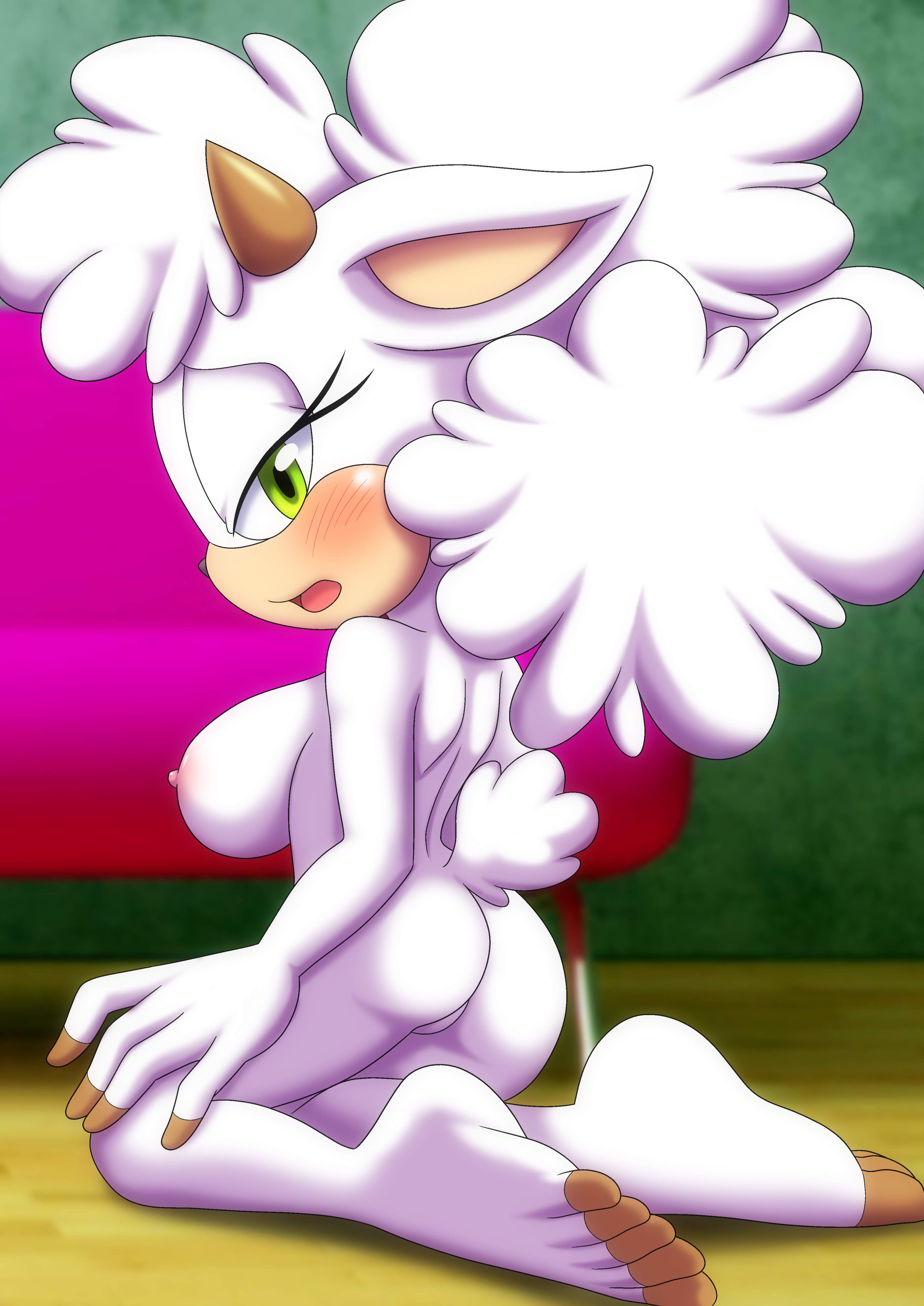 1girls, 2d, 5 toes, absurd res, anthro, ass, background, barefoot, bbmbbf, big breasts, black nose, blush, breasts, caprine, eyelashes, feet, female, furry, green eyes, hi res, horn, horns, humanoid feet, idw comics, idw publishing, inside, kneeling, lanolin the sheep, looking at viewer, looking back, mobian, mobian (species), mobian sheep, mobius unleashed, nipples, nude, nude female, palcomix, sega, sheep, sideboob, soles, solo, sonic (series), sonic the hedgehog (comics), sonic the hedgehog (idw), sonic the hedgehog (series), tail, toes, white body, white fur, wool, wool (fur)