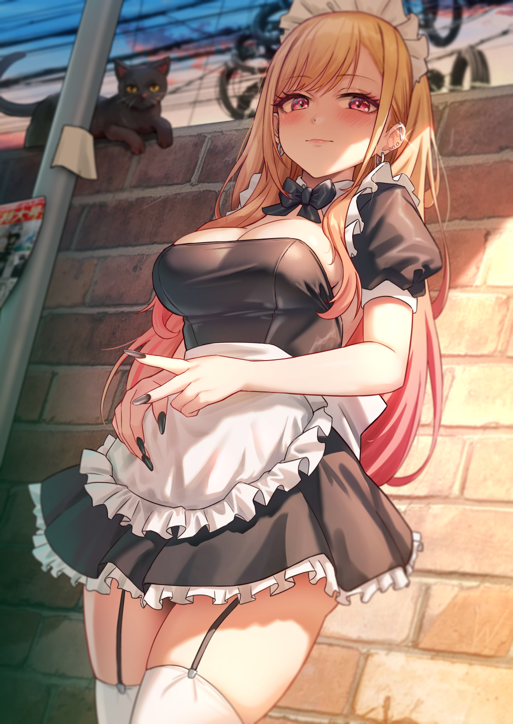 apron black_garter_straps black_nails blonde_hair cleavage ear_piercing earrings gyaru happy happymonk kitagawa_marin large_breasts long_fingernails long_hair looking_at_viewer maid maid_apron maid_headdress maid_uniform pink_eyes socks solar_(happymonk) sono_bisque_doll_wa_koi_wo_suru thick_thighs thigh_socks thighhighs thighs uncensored white_legwear white_socks white_stockings