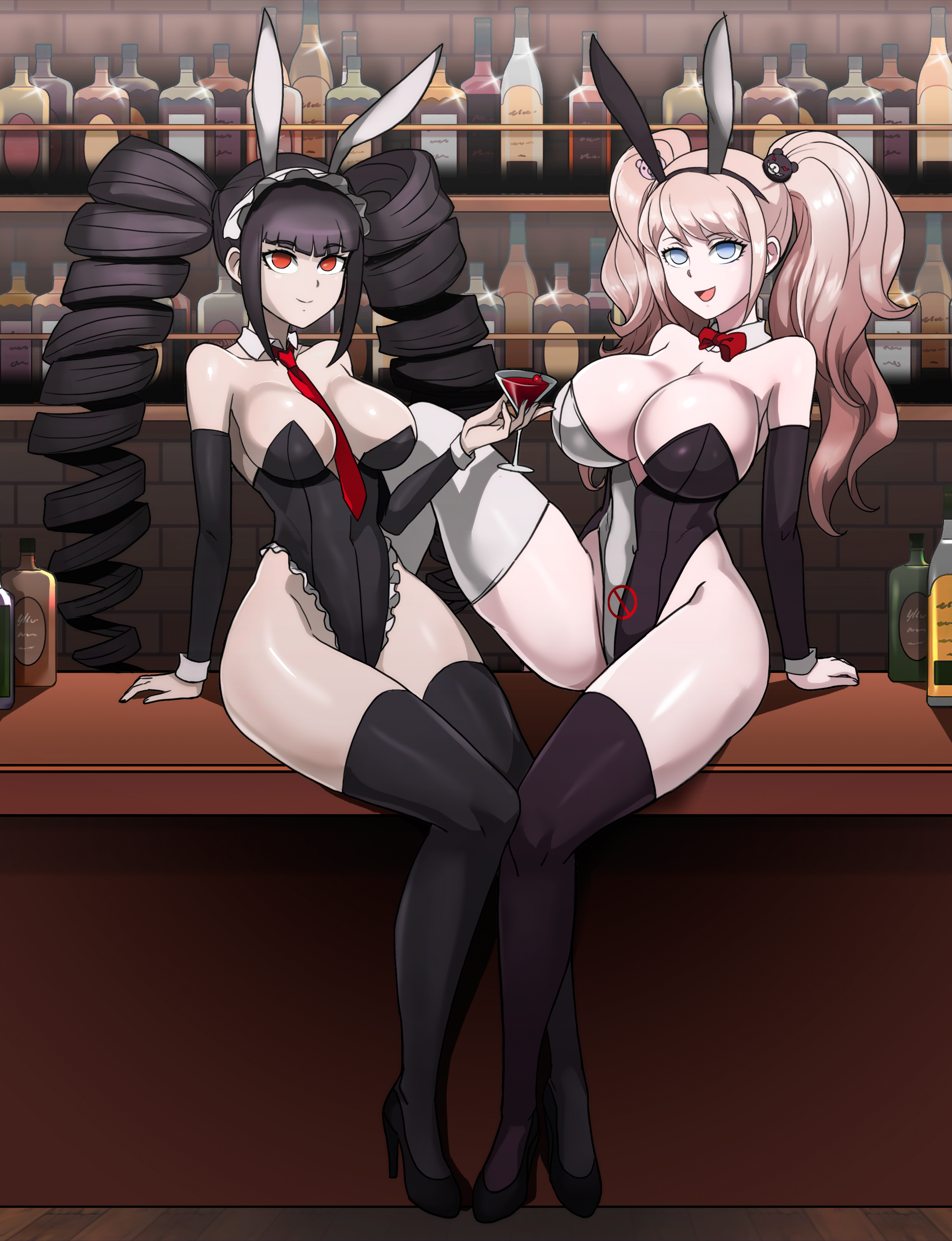 2girls, big breasts, breasts, bunnysuit, celestia ludenberg, cleavage, danganronpa, danganronpa 1, danganronpa: trigger happy havoc, empty eyes, female, female only, junko enoshima, leg up, long hair, mind control, multiple females, multiple girls, shinzu031, thighhighs, twintails, wine, wine glass