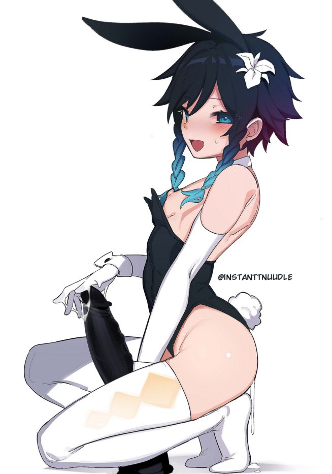 1boy, big dildo, blush, bunny ears, bunny tail, bunnysuit, cum, dildo, femboy, genshin impact, implied anal, instanttnoodle, leaking, leaking cum, male, male focus, male only, otoko no ko, sex toy, solo, tail, thighhighs, thighs, twin braids, two-tone hair, venti (genshin impact)