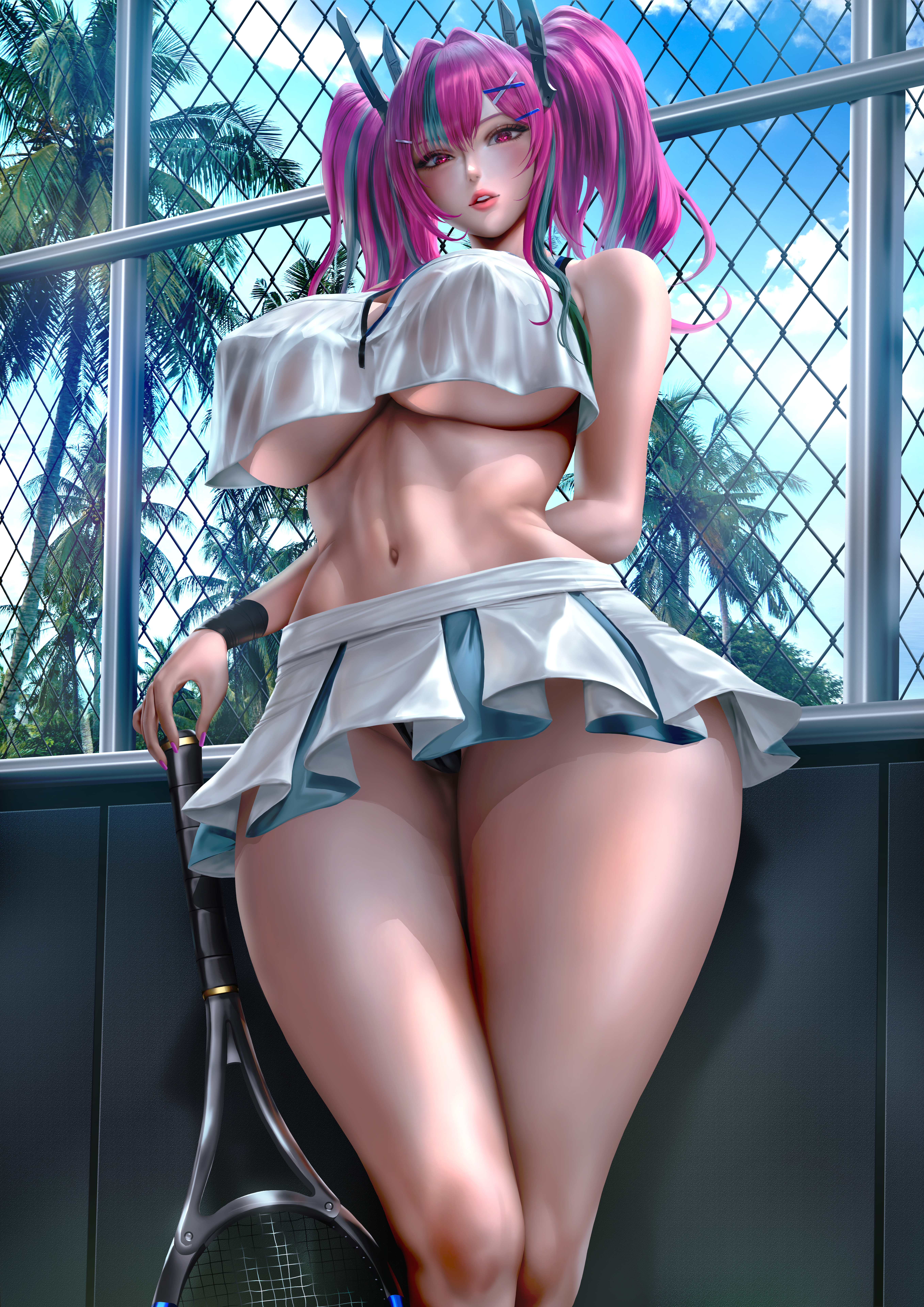 1girls, azur lane, bangs, bare arms, bare legs, bare shoulders, bare skin, bare thighs, big breasts, big thighs, blue hair, breasts, bremerton (azur lane), bremerton (scorching-hot training) (azur lane), busty, clothed, clothing, female, female focus, female only, fit, fit female, hips, huge breasts, large breasts, legs, lexaiduer, miniskirt, navel, palm tree, panties, pink hair, red eyes, shirt, skimpy clothes, skirt, sleeveless shirt, solo, solo female, solo focus, standing, tennis court, tennis racket, tennis uniform, thick thighs, thighs, toned, toned female, toned stomach, tree, two-tone hair, underboob, underwear, wide hips