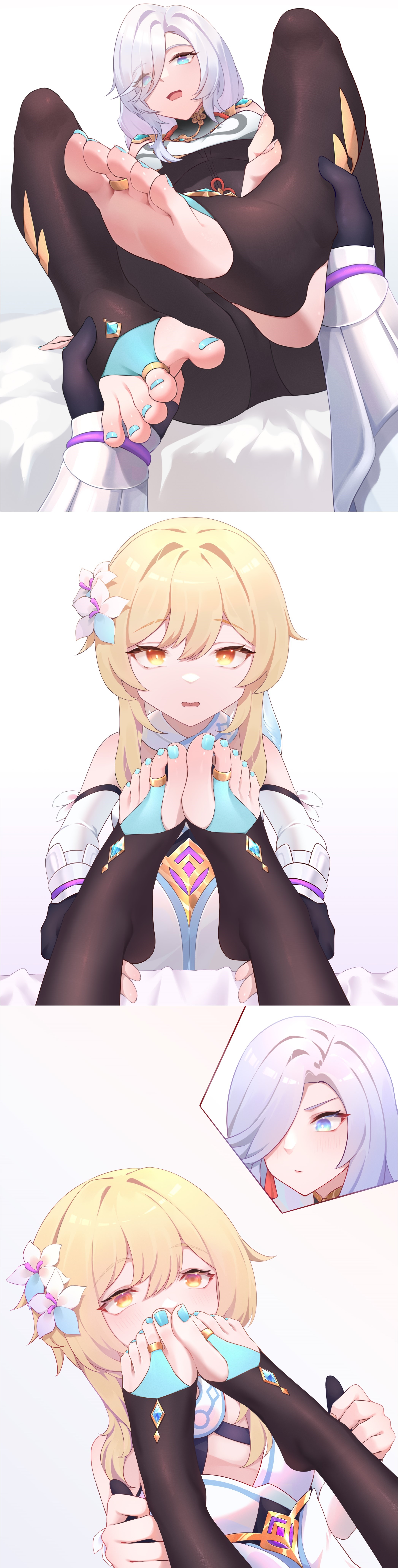 1girls, 2girls, chan sang, comic, feet, female, female only, foot fetish, foot on face, genshin impact, lumine (genshin impact), shenhe (genshin impact), spread legs, toeless legwear, toenail polish, toenails, toes, yuri