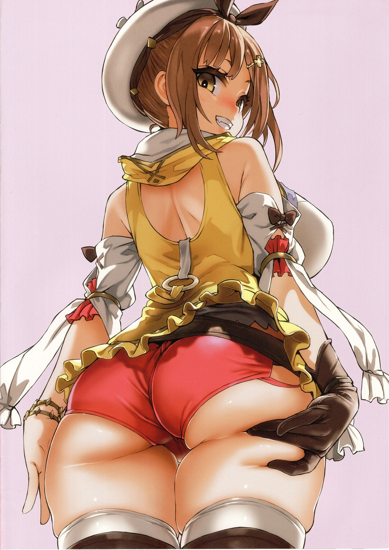 1girls, asanagi, ass, ass focus, ass hanging out of shorts, atelier (series), atelier ryza, big ass, big breasts, booty shorts, breasts, brown eyes, brown hair, female, female only, from behind, hat, highres, large breasts, looking at viewer, looking back, pink background, reisalin stout, short shorts, shorts, simple background, single glove, smile, smirk, solo, solo female, thick thighs, thigh boots, thighs, zettai ryouiki