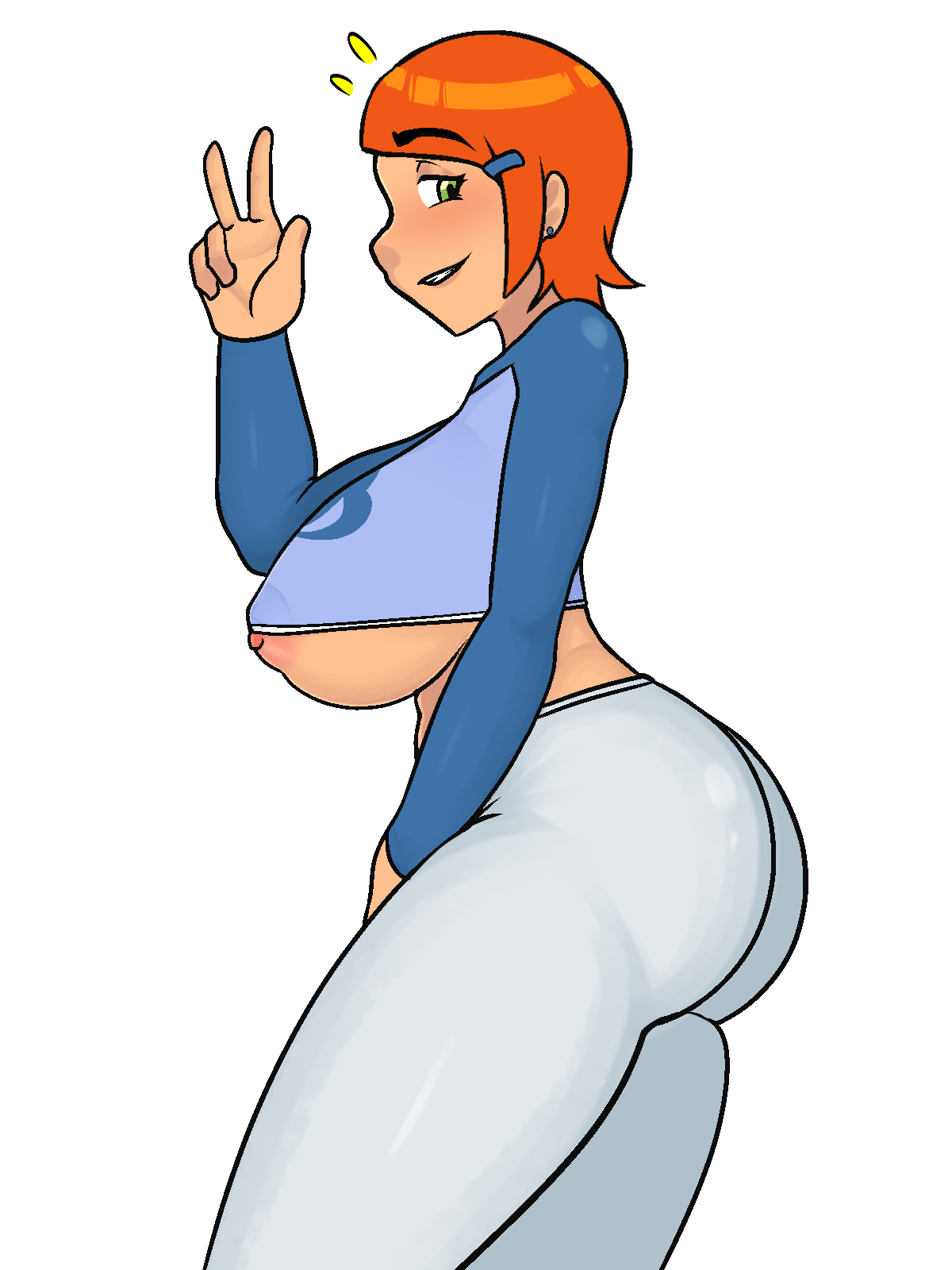 1girls, alternate breast size, ass, ben 10, ben 10 (classic), big ass, big breasts, big butt, breasts, cartoon network, erect nipples, female, female only, green eyes, gwen tennyson, gwen tennyson (classic), nipples, orange hair, simple background, smiling at viewer, solo, steca, thelazyart, v