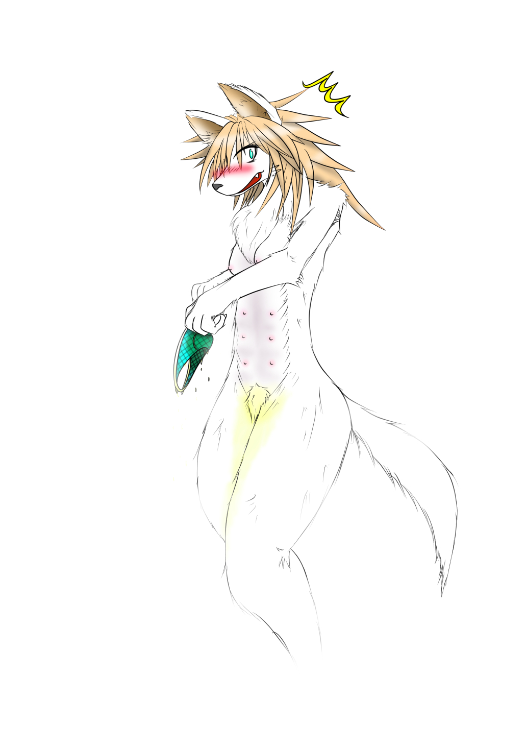 anthro blush bodily_fluids canid canine canis clothing domestic_dog female fur genital_fluids hi_res mammal mttbsmn multi_nipple nipples nude omorashi open_mouth peeing solo underwear urine watersports wet wet_clothing wet_underwear wetting white_body white_fur