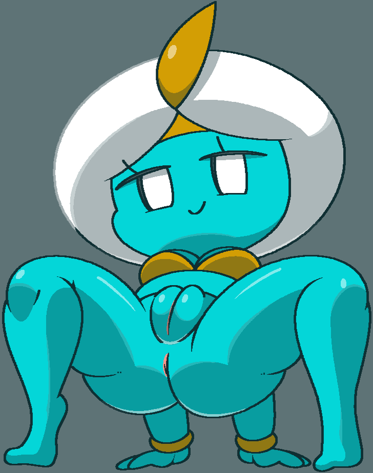 alien alien_girl ankh_(character) ass blue_skin breasts female female_only front_view genie mob_face no_pants part_time_ufo presenting_pussy puffy_pussy pussy_focus simple_background turban vilepluff white_eyes