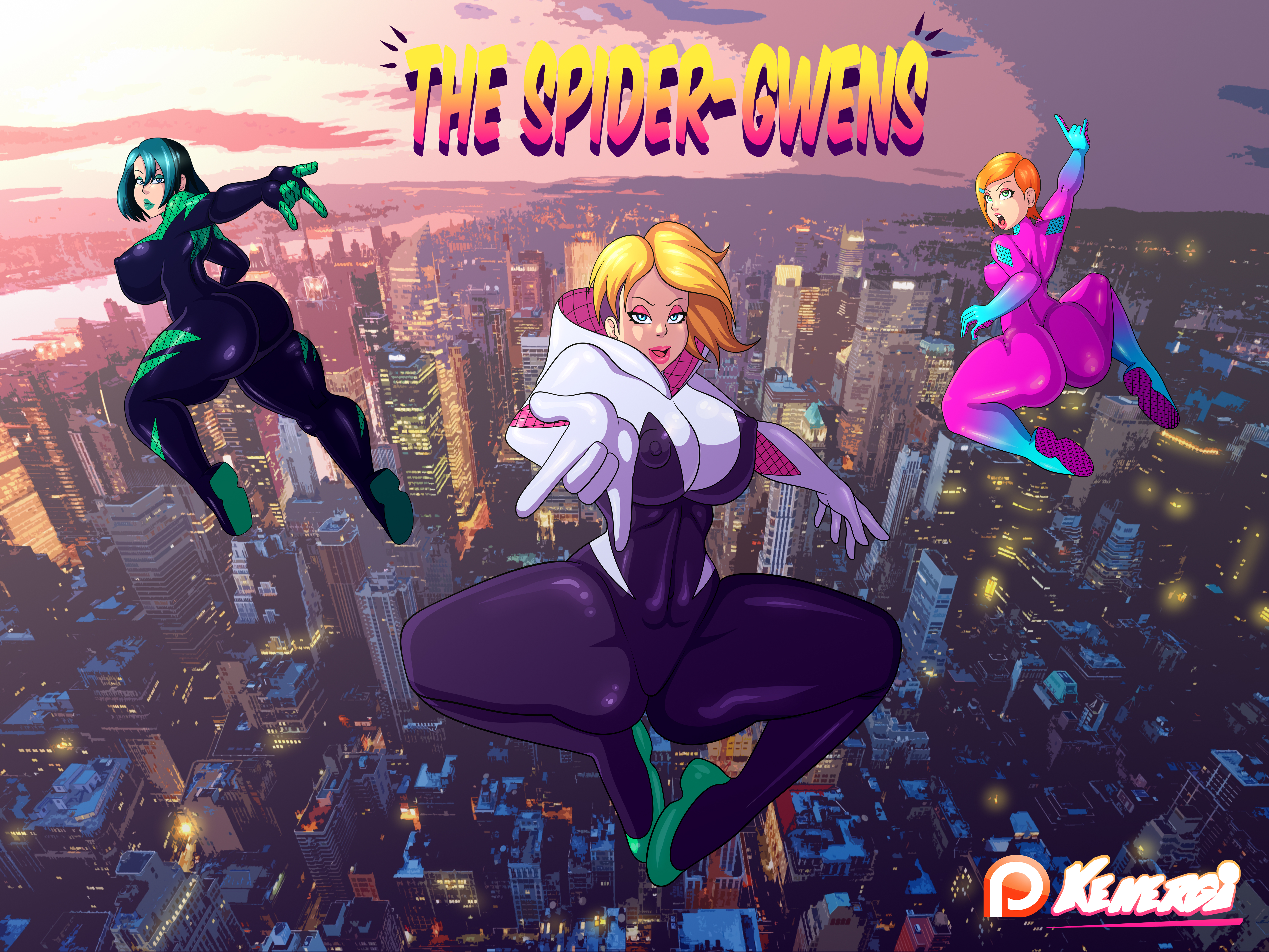3girls, absurd res, ass, ben 10, big ass, big breasts, big butt, bodysuit, breasts, cartoon network, crossover, female, female only, gwen (tdi), gwen stacy, gwen tennyson, huge breasts, kenergi, large filesize, looking at viewer, marvel, marvel comics, multiple females, multiple girls, name connection, nipples visible through clothing, shaved side, shiny clothes, skin tight, spider-gwen, spider-man (series), spider-man: into the spider-verse, tight clothing, total drama (series), total drama island