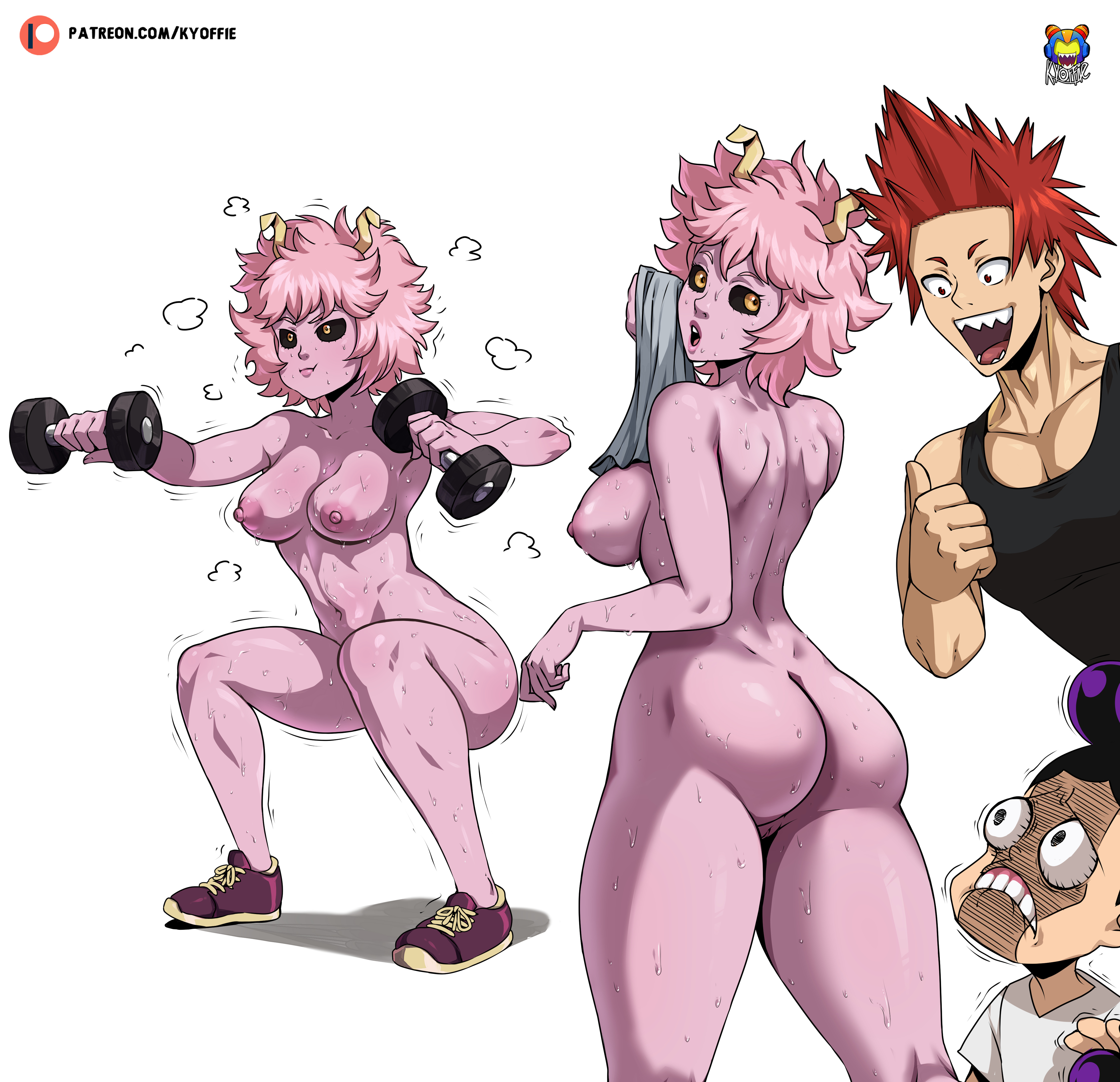 1girls, 2boys, back view, being watched, dumbbell, eijirou kirishima, exercise, female, female focus, kyoffie, male, mina ashido, minoru mineta, my hero academia, nude, nude female, nude workout, short hair, squats, sweat, teenager, watching, working out, working out naked, workout