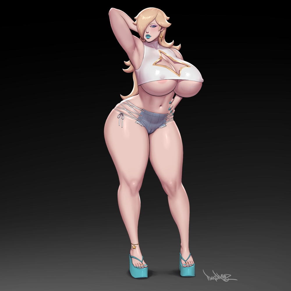 1girls, big body, big breasts, bimbo, blonde hair, blue eyes, blue lipstick, breasts, cleavage, female, female only, huge breasts, large breasts, mario (series), nintendo, pinkdrawz, princess rosalina, skimpy, solo, standing, super mario galaxy, voluptuous