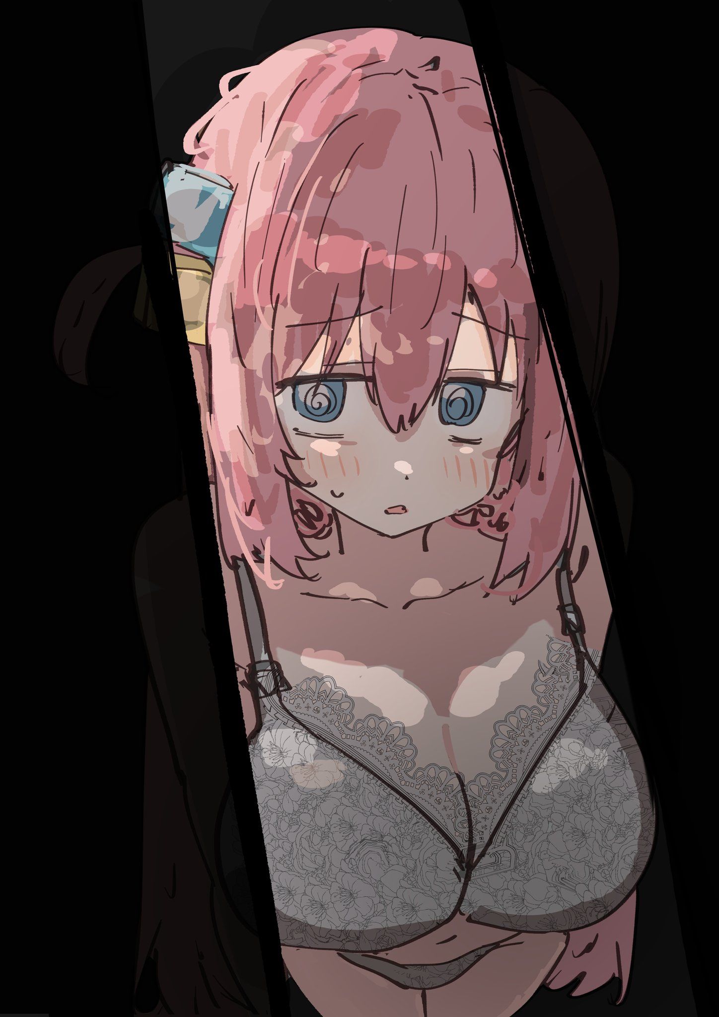 :o, ///, 1girls, 2d, 2d (artwork), 2d artwork, almost naked, almost nude, anime, anime character, asian, asian female, asian girl, background, belly, belly button, big boobs, big breasts, black background, blue eyes, blue-eyed female, blush face, blush lines, blushing, blushing at viewer, blushing female, blushing lines, bocchi the rock!, bra, breasts, busty, busty female, busty girl, busty teen, busty teenager, cleavage, cloverworks, collarbone, dark background, digital, digital art, digital drawing, digital drawing (artwork), digital media, digital media (artwork), drawing, embarrassed, embarrassed expression, embarrassed female, embarrassed underwear female, exposed, eyebrows visible through hair, fanart, female, female focus, female only, female protagonist, flushed, flushed cheeks, flushed face, flustered, flustered female, from above, from front, front view, gotou hitori, guitarist, hair between eyes, hair ornament, high school student, high-angle shot, japanese, japanese female, japanese girl, lace bra, lace panties, lace underwear, lace-trimmed bra, lace-trimmed underwear, laced bra, laced panties, laced underwear, large boobs, large breasts, legs closed, legs together, long hair, looking at viewer, looking up, looking up at viewer, matching underwear, midriff, monotone background, mostly nude, naked, naked female, naked woman, navel, nearly nude, nude, nude female, nudity, one color background, open mouth, panties, parted lips, pink hair, pink-haired female, plain background, portrait, practically nude, school girl, shoulders, sidelocks, solid color background, solo, standing, sunya (honorin-yuunibo), teen girl, teenage female, teenage girl, teenage tits, teenager, thighs together, top view, underwear, underwear only, upper body, viewed from above, white bra, white panties, white underwear, young female, young woman