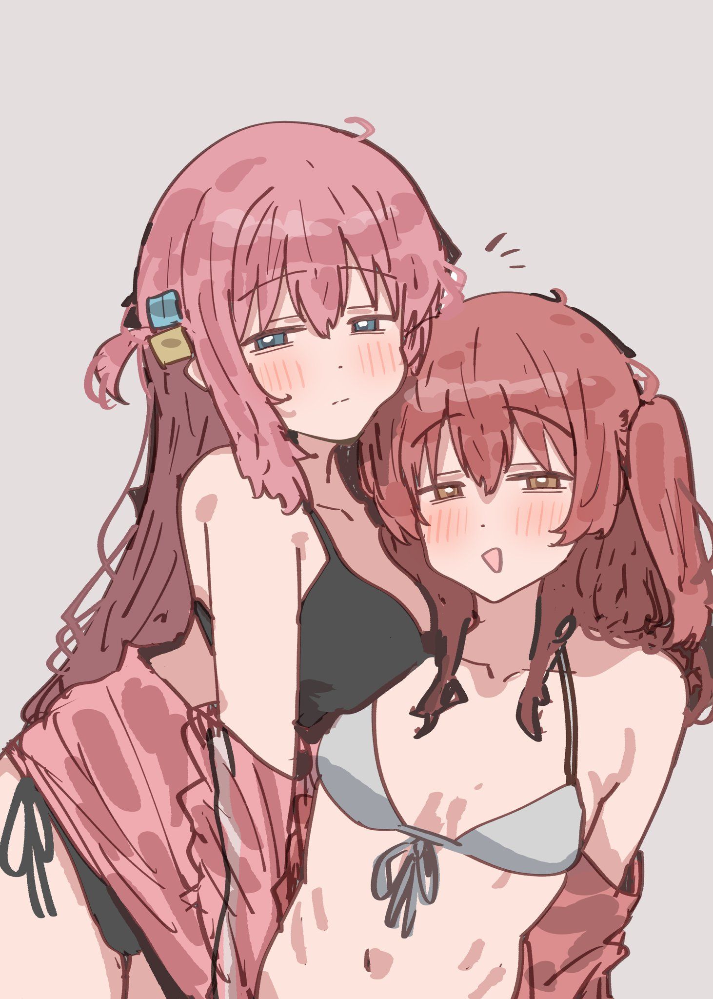 ///, 2d, 2d (artwork), 2d artwork, 2girls, ahoge, anime, anime character, asian, asian female, asian girl, background, bare arms, bare belly, bare chest, bare hands, bare midriff, bare navel, bare shoulders, bare skin, belly, belly button, big boobs, big breasts, bikini, bikini bottom, bikini top, black bikini, black bikini bottom, black bikini top, black swimsuit, black swimwear, blue eyes, blue-eyed female, blush face, blush lines, blushing, blushing at viewer, blushing female, blushing lines, bocchi the rock!, breasts, busty, busty female, busty girl, busty teen, busty teenager, cloverworks, coat, collarbone, digital, digital art, digital drawing, digital drawing (artwork), digital media, digital media (artwork), drawing, duo, exposed, exposed arms, exposed belly, exposed chest, exposed midriff, exposed navel, exposed shoulders, exposed skin, eyebrows visible through hair, fanart, female, female focus, female only, female protagonist, flushed, flushed cheeks, flushed face, from front, front view, front-tie bikini, front-tie bikini top, gotou hitori, green eyes, green-eyed female, grey background, guitarist, hair between eyes, hair ornament, half naked, half nude, halterneck, head tilt, high school student, jacket, japanese, japanese female, japanese girl, kita ikuyo, large boobs, large breasts, lean figure, long hair, looking at viewer, looking sideways, looking to the side, midriff, monotone background, multiple females, multiple girls, naked, naked female, naked woman, narrow waist, navel, nude, nude female, nudity, one color background, one side up, open coat, open jacket, open mouth, open mouth smile, parted lips, partially undressed, petite, petite body, petite breasts, petite female, petite girl, petite tits, pink coat, pink hair, pink jacket, pink-haired female, plain background, portrait, posing, posing for the viewer, red hair, red-haired female, school girl, school girls, schoolgirl, semi nude, shoulders, side-tie bikini, sidelocks, slender body, slender waist, slim female, slim waist, small boobs, small breasts, small tits, smile, smiley face, smiling, smiling at viewer, solid color background, string bikini, sunya (honorin-yuunibo), swimsuit, swimwear, teen girl, teenage female, teenage girl, teenage girls, teenage tits, teenager, tilted head, tiny breasts, tiny tits, tongue, top view, upper body, white bikini, white bikini bottom, white bikini top, white swimsuit, white swimwear, young female, young woman