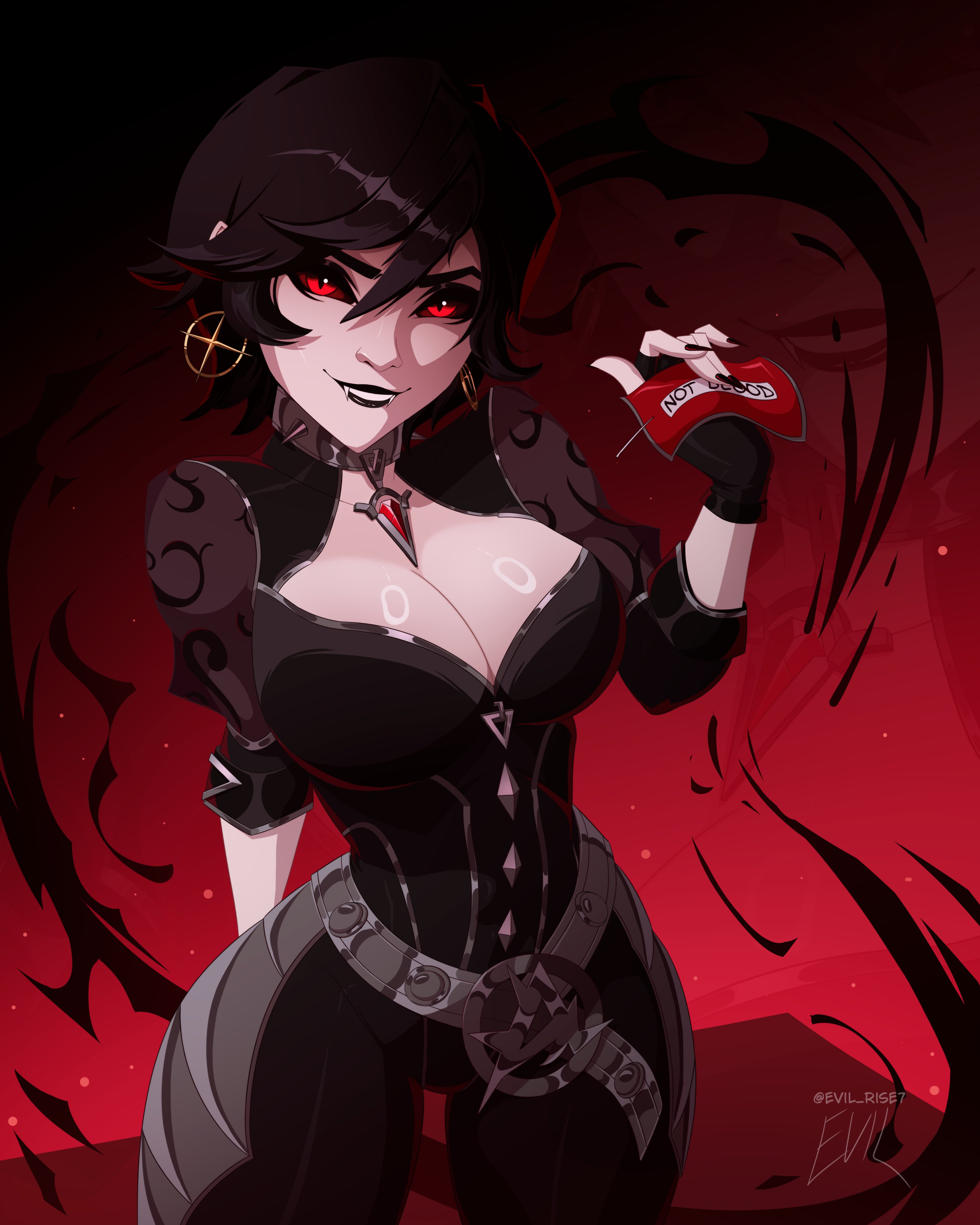 2d, artist name, artist signature, asian, asian female, belt, big breasts, black hair, black sclera, breasts, child bearing hips, choker, clothed, curvaceous, curvaceous body, curvaceous female, curvaceous figure, curvaceous hips, curvaceous thighs, earrings, evil rise7, fangs, female, female only, fingerless gloves, fully clothed, gloves, gothic clothes, jubilation lee, jubilee, jubilee (marvel rivals), looking at viewer, marvel, marvel rivals, pale skin, pale-skinned female, red eyes, red sky, solo, vampire, vampire girl, vampire jubilee, waifu, x-men