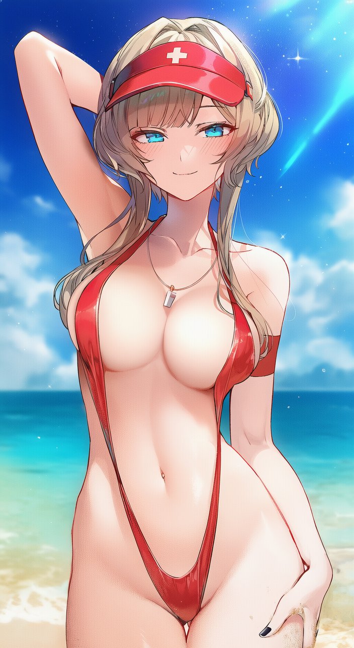 1girls 2d 2d_(artwork) ai ai_generated alternate_costume beach beach_background blue_eyes brown_hair day female female_focus female_only front_view genshin_impact light-skinned_female light_skin looking_at_viewer ocean outdoors red_swimsuit revealing_swimsuit sandrone_(genshin_impact) sexy short_hair sky slim_girl sling_bikini slingshot_bikini slingshot_swimsuit solo solo_focus standing swimsuit timmytommy young younger_female
