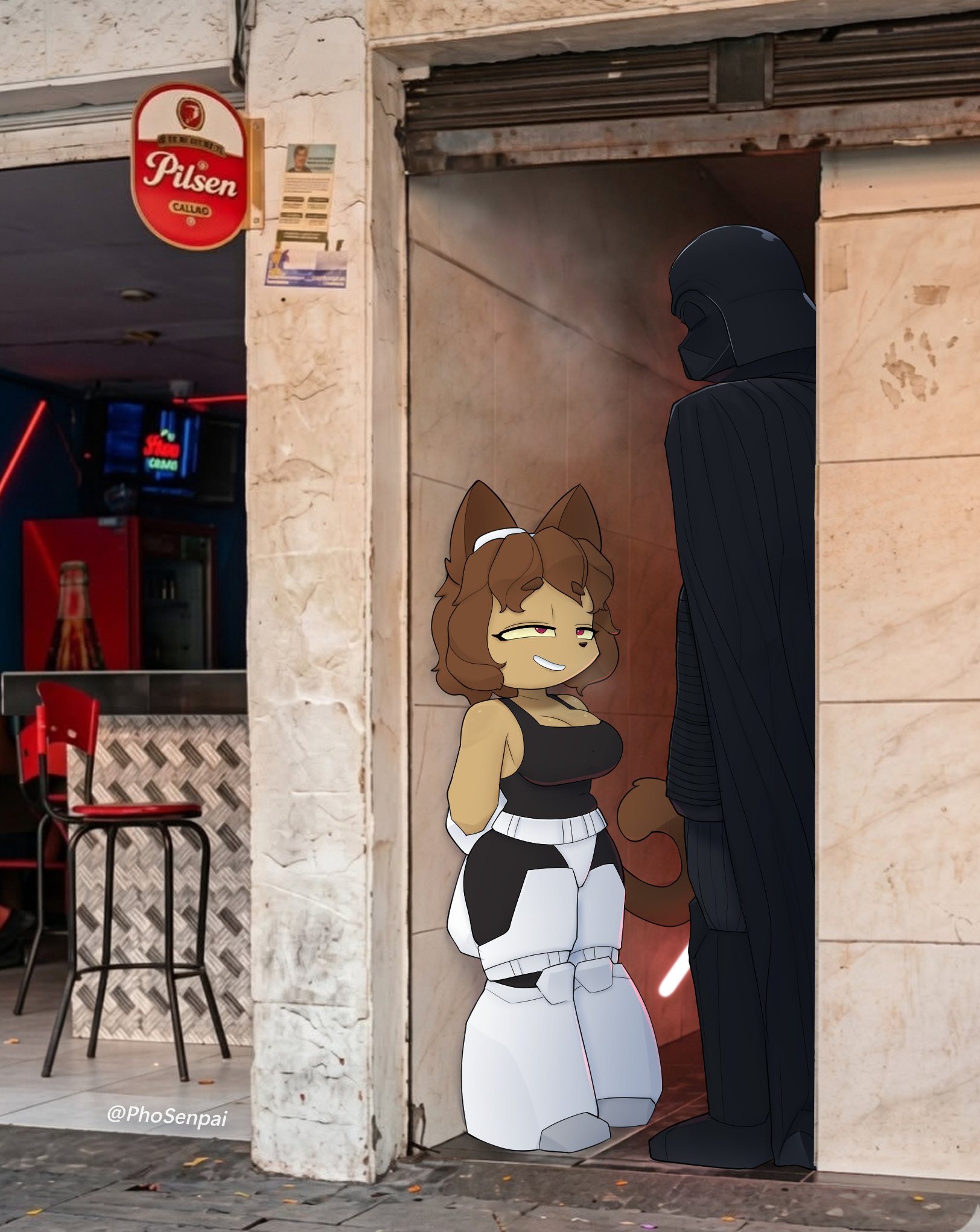 1boy, 1girls, alleyway milf (meme), alternate costume, brown fur, brown hair, cosplay, crossover, darth vader, gameoverse, kit (gameoverse), kit bodega, large breasts, lightsaber, meme, phosenpai, real life background, red eyes, red lightsaber, star wars, stormtrooper, yellow sclera