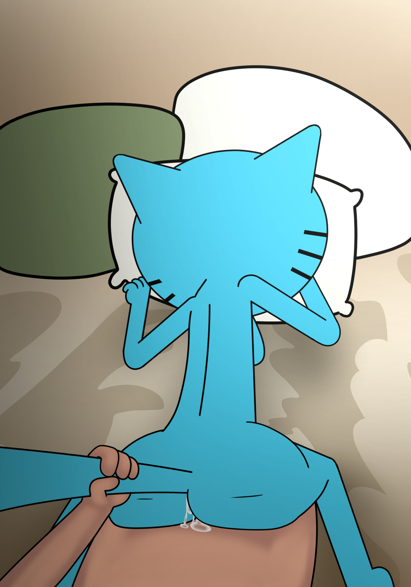 blue fur, cat girl, cat humanoid, catgirl, cum, cum inside, doggy style, female, furry, gilf, grabbing tail, human on anthro, impstripe, male, male human/female anthro, male on anthro, male pov, mary senicourt, milf, pov, the amazing world of gumball, unseen male face