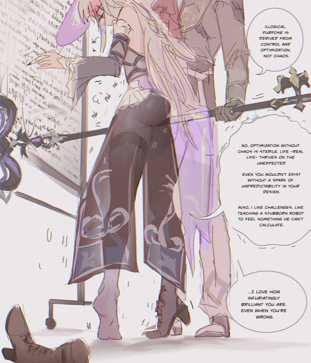 1girls, blush, english, english commentary, english text, gnarlypzofbread, herta (honkai: star rail), honkai (series), honkai: star rail, hoyoverse, one shoe on, pantyhose, rubbing, screwllum (honkai: star rail), staff, the herta (honkai: star rail), tiptoes, whiteboard