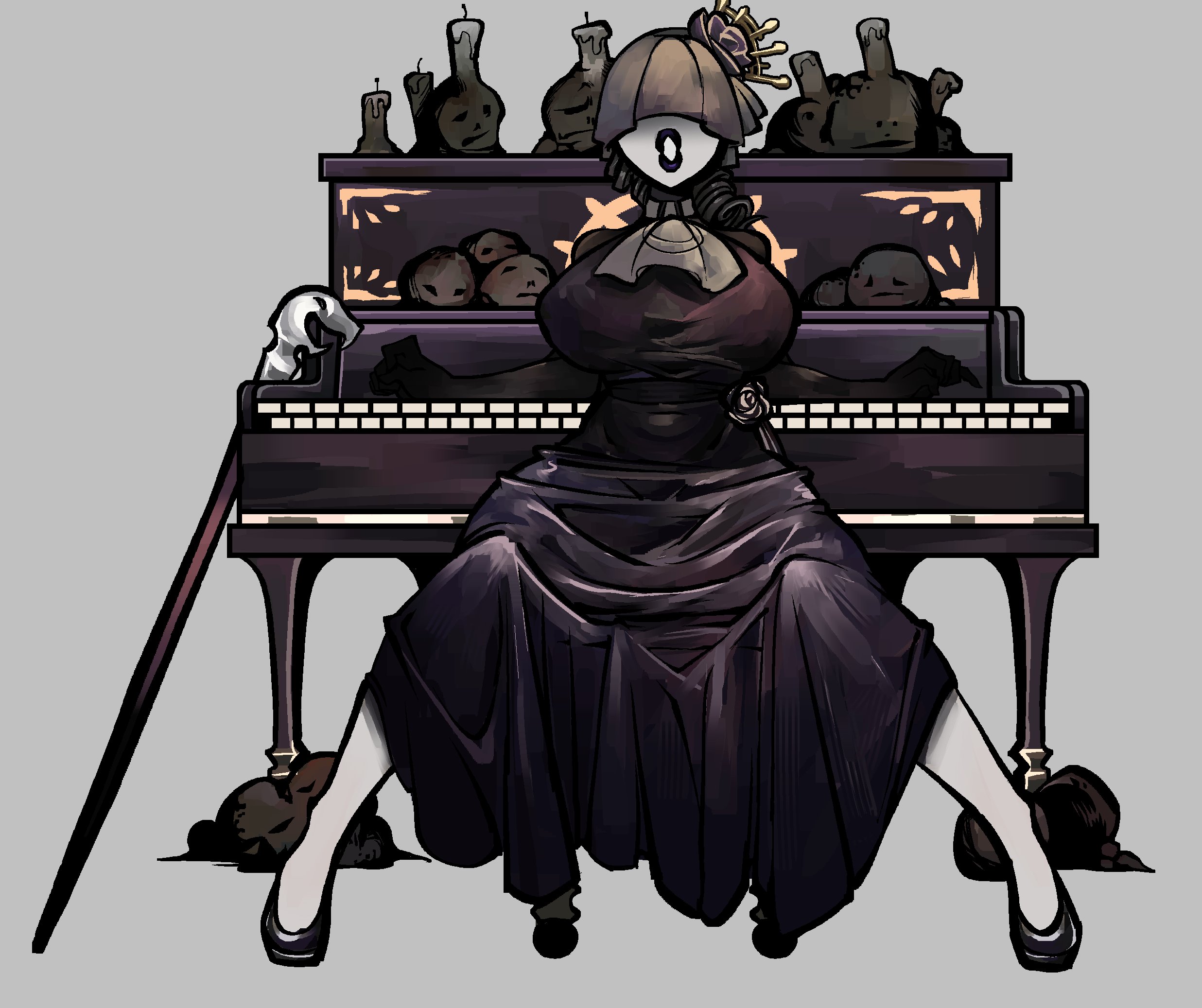 big breasts, black lipstick, dark clothing, eclipseecliptus, eyes covered, il pianto della luna, lobotomy corporation, no sex, piano, project moon