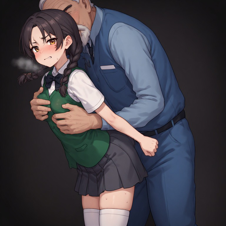 ai_assisted ai_generated amber_eyes annoyed annoyed_expression arched_back beauty_mark braided_hair breast_grab breast_squeeze brown_hair dim_lighting green_vest groping groping_breasts groping_from_behind janitor mole mole_under_eye old_male old_man older_male original_character perchance_ai pleated_skirt school_uniform schoolgirl schoolgirl_uniform side_view socks twin_braids visible_breath white_shirt white_socks