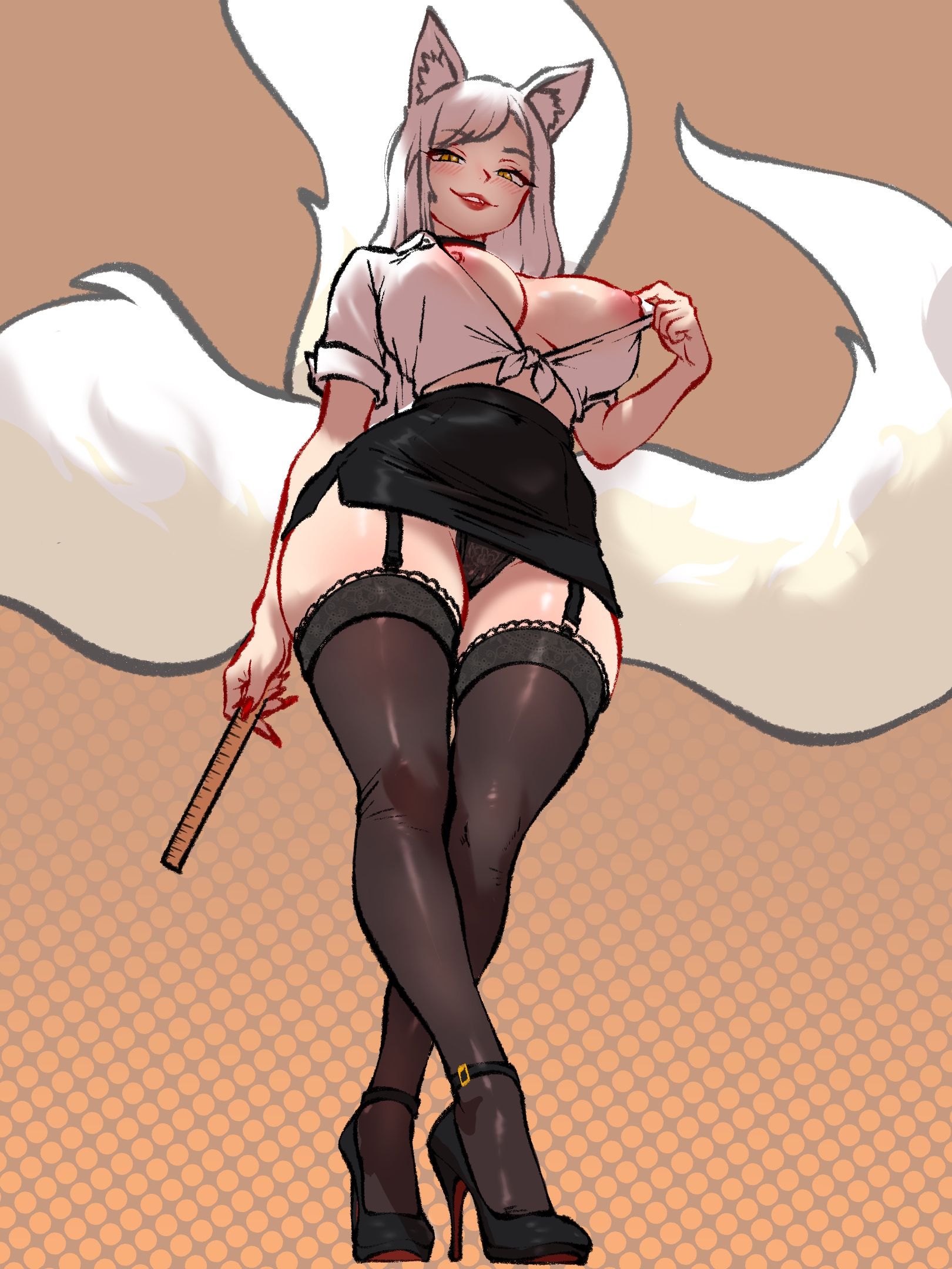 1girls, 2026, 3 tails, below view, breasts, breasts out, commission, digital media (artwork), female, female only, fox ears, fox girl, fox tail, greaterkeytattoos, high heels, holding, holding object, holding ruler, kitsune, lingerie, looking at viewer, looking down, nail polish, nipples, orange background, original, original character, painted nails, panties, partially clothed, red nails, revealing breasts, revealing clothes, ruler, solo, solo female, stockings, underwear, vgen commission, white hair, wide hips, worm's-eye view, yellow eyes