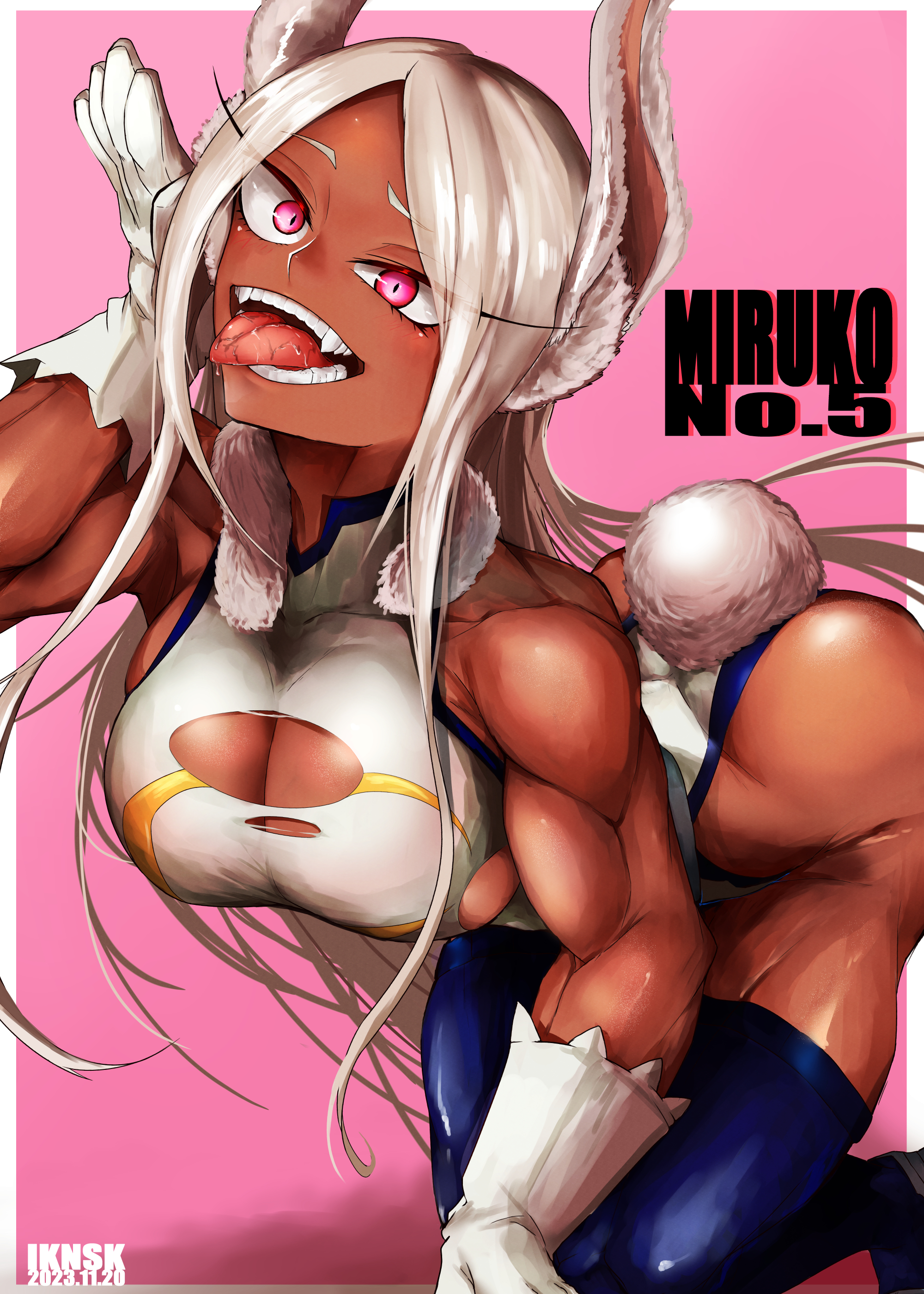 1girls, artist name, ass, big ass, big breasts, boku no hero academia, breasts, bunny ears, bunny girl, bunny tail, busty, cleavage, clothed, clothing, dark skin, dark-skinned female, dated, eyebrows, eyebrows visible through hair, eyelashes, female, female focus, female only, gloves, iknsk, large ass, large breasts, long hair, miruko, muscular, muscular female, my hero academia, pink background, red eyes, ripped clothing, rumi usagiyama, saliva, simple background, solo, solo female, solo focus, thick thighs, thighhighs, thighs, toned, tongue, tongue out, wardrobe malfunction, watermark, white hair