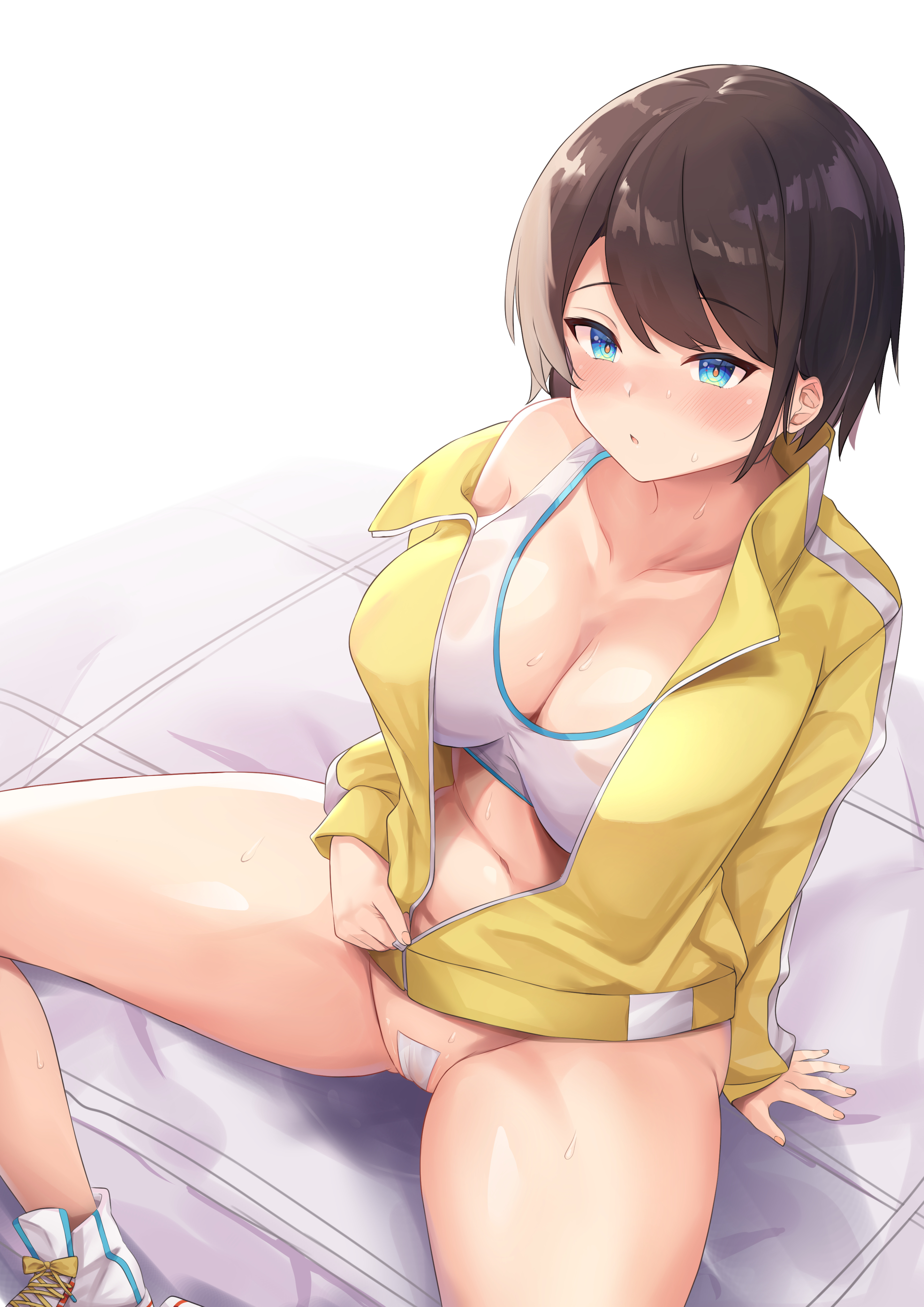 1girls, 2021, alternate version available, arm support, big breasts, blue eyes, bottomless, breasts, brown hair, cameltoe, cleavage, covered nipples, covered pussy, dark hair, eyebrows visible through hair, eyelashes, female, female focus, female only, hololive, hololive gen 2, hololive japan, jacket, kusana (dudqja602), large breasts, looking down, no panties, oozora subaru, open jacket, open mouth, pasties, pussy, short hair, simple background, sitting, sneakers, solo, solo female, sports bra, sports uniform, sportswear, spread legs, sweat, sweatdrop, thick thighs, thighs, virtual youtuber, yellow jacket