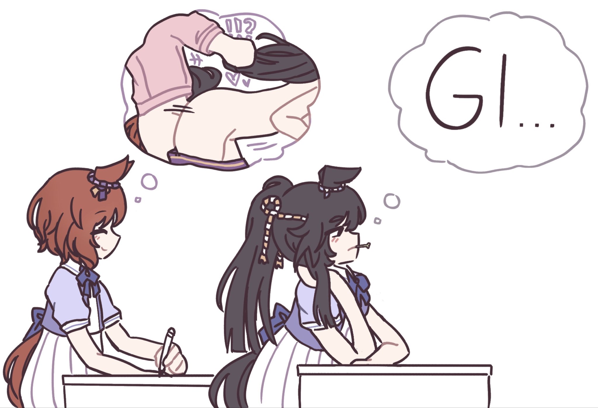 2girls, animal ears, hair grab, horse girl, implied futa, narita brian (umamusume), sakura laurel (umamusume), thinking about sex, tracen academy, tracen school uniform, umamusume, umamusume pretty derby, yuri