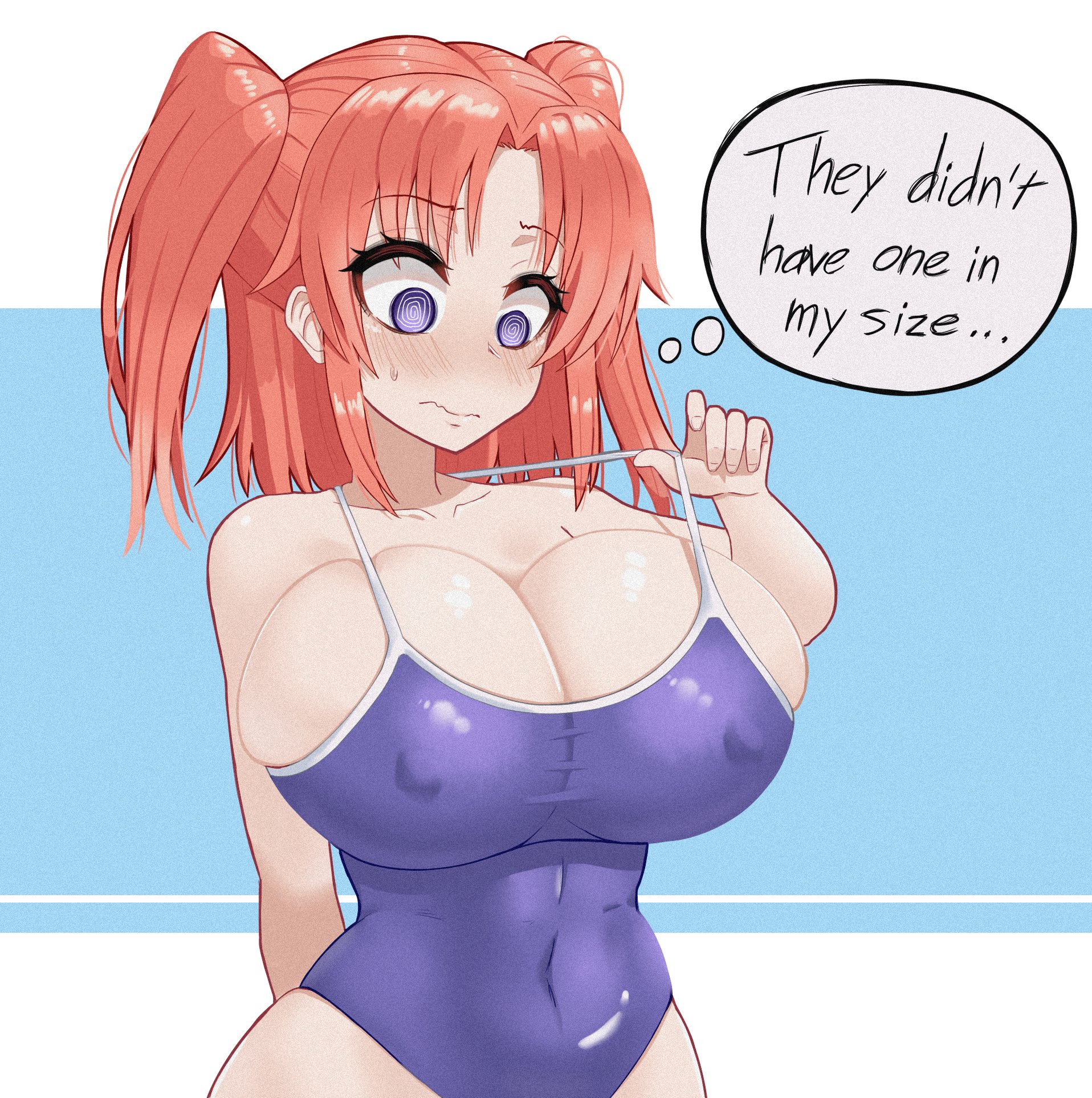 big breasts, bikini, blush, breasts, cleavage, duke wintermaul, english text, female, female focus, female only, mikakunin de shinkoukei, pink hair, purple eyes, sweat, swimwear, tight bikini, tight clothing, tight fit, visible nipples, yonomori kobeni, young savage