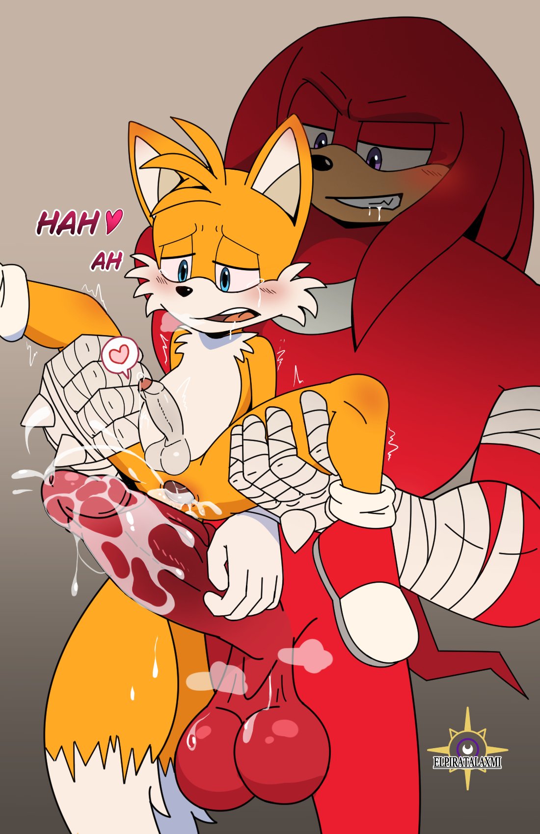 2boys, after anal, after sex, anal gape, anthro, anthro on anthro, balls, bandage, bandages, big penis, blue eyes, blush, canid, canine, cub, cum, cum in anus, cumdrip, duo, echidna, elpiratalaxmi, enormous penis, erection, fox, furry, furry male, furry only, gay, genitals, gloves, hands on legs, heart, huge ass, interspecies, knuckles the echidna, large penis, larger male, legs apart, looking at another, male, male/male, mammal, massive penis, mature, mature male, miles prower, nude, open mouth, orange fur, penis, penis size difference, red fur, sega, shoes, size difference, small penis, smaller male, sonic (series), sonic the hedgehog (series), steam, steaming body, tail, tails, tails the fox, testicles, white gloves, yaoi